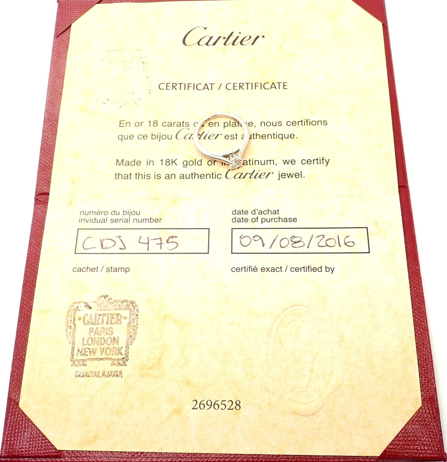 Authentic Cartier Platinum 0.40ct VVS1/G Diamond Solitaire Engagement Ring for Women - Luxury Wedding Proposal Jewelry Gift for Her