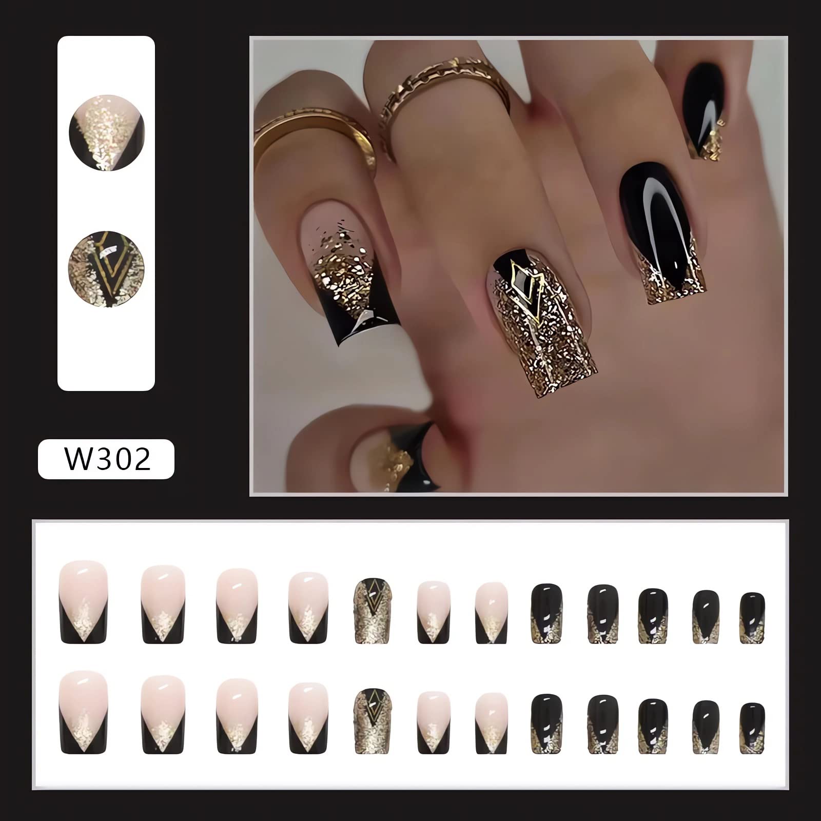 Premium French Tip Press on Nails - 24PCS Medium Length Square Fake Nails with Gold Glitter Designs | Full Cover Black Glue on False Nails for Women & Girls | Perfect for Parties, Weddings, and Special Occasions