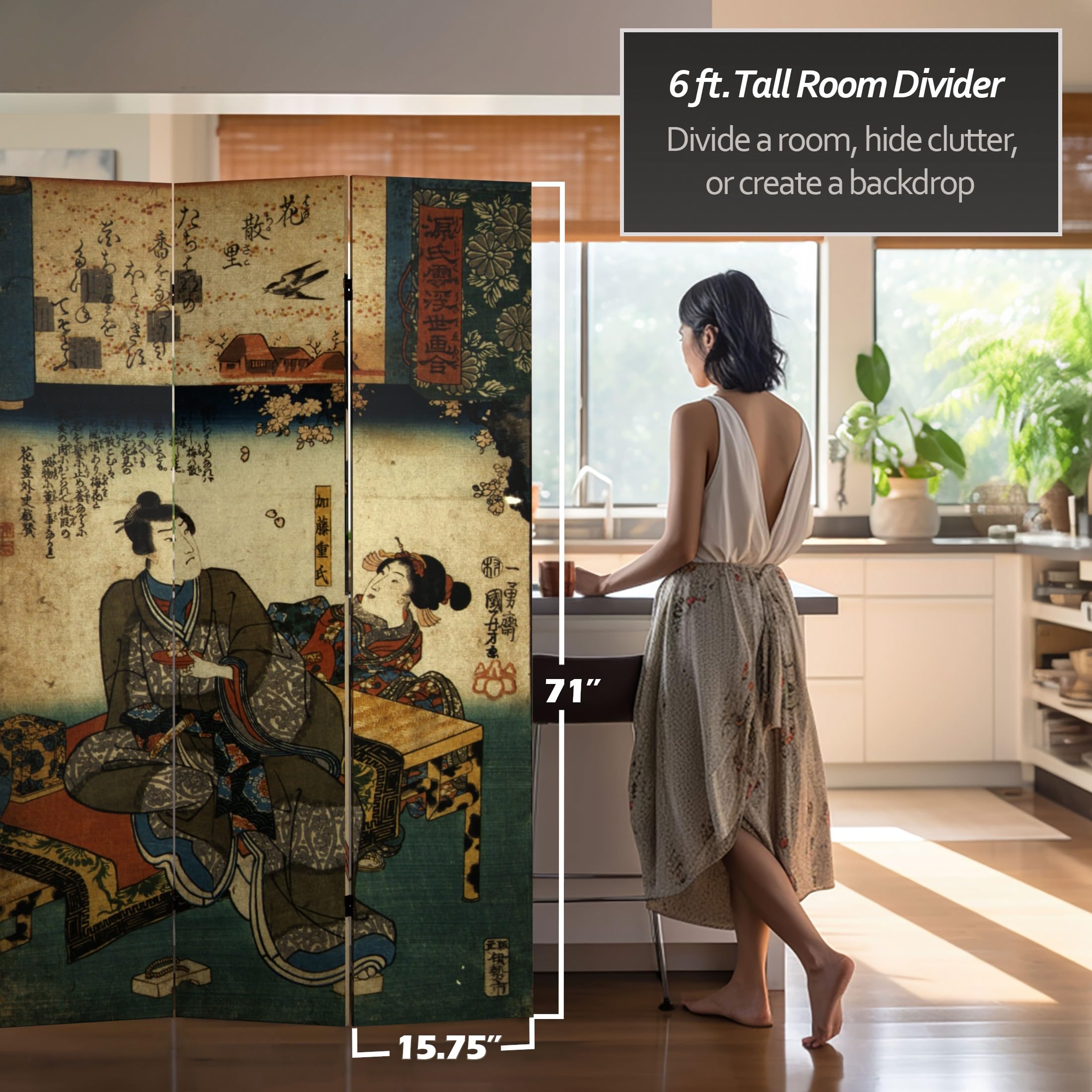 6 ft. Tall Double Sided Japanese Figures Red Lantern Room Divider - 3 Panel Folding Screen (71 inches High) for Home Decor, Asian-Themed Parties & Zen Meditation Spaces