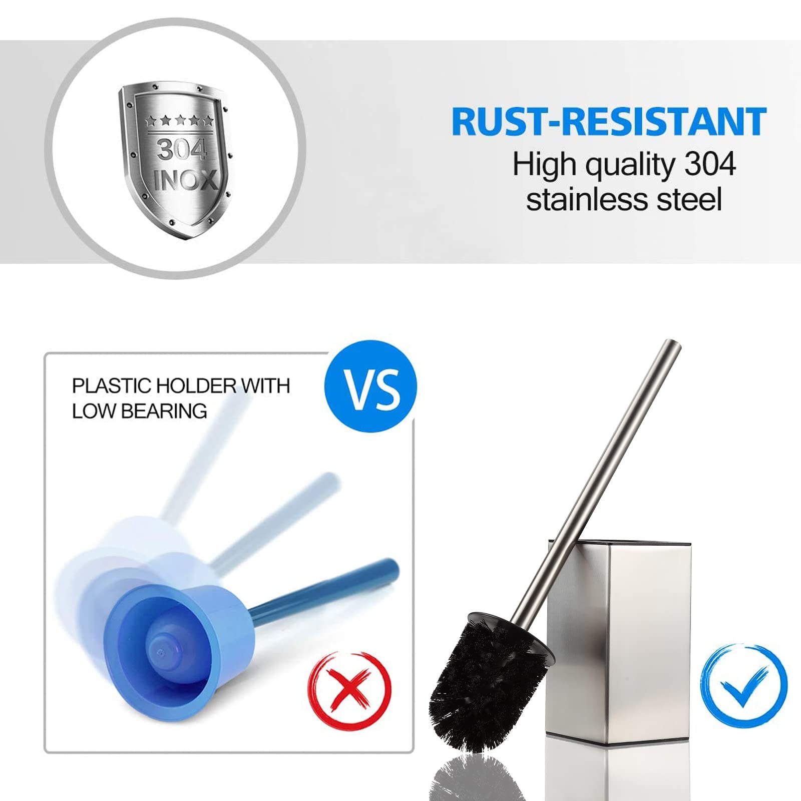 Stainless Steel 304 Toilet Brush Holder - Brushed Nickel Square Toilet Bowl Brush for Bathroom Storage & Organization | Modern Bathroom Cleaning Tool for Home & Office Use