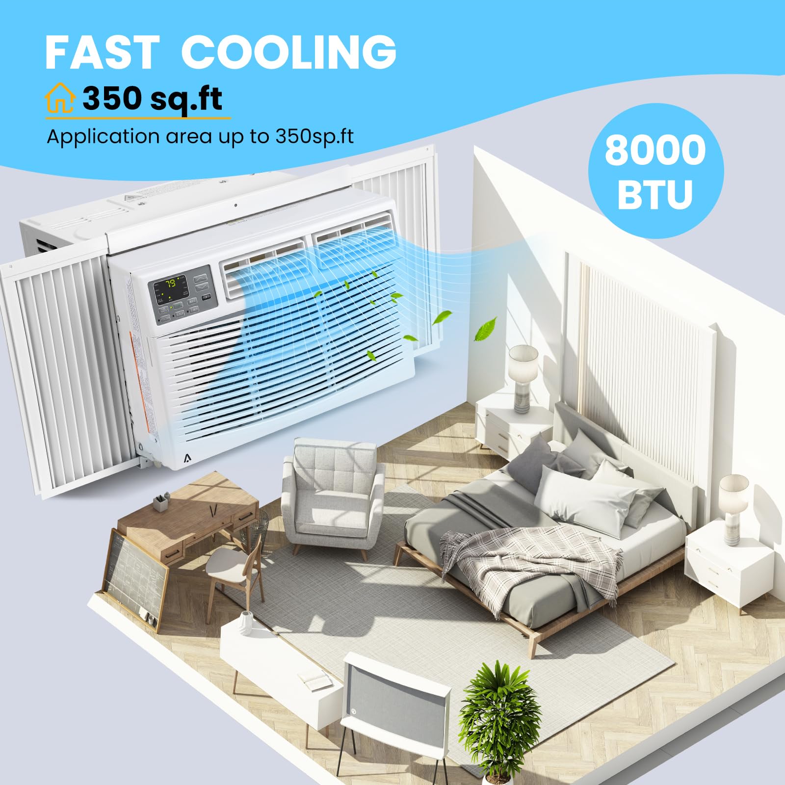 8000 BTU Window Air Conditioner - Fast Cooling for 350 Sq.Ft Rooms, Wi-Fi Enabled Smart AC Unit with Remote Control, 3 Cooling Modes & Adjustable Fan Speeds, 115V Compact Air Conditioner for Bedroom, Office or Living Room - Perfect for Summer Cooling & Dehumidification