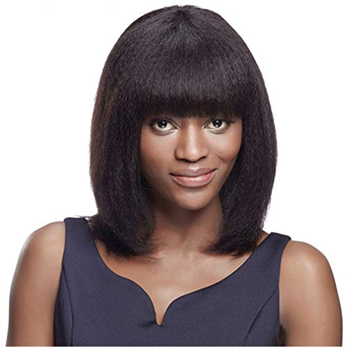 RJ HAIR Coarse Yaki Bob Human Hair Wig with Bangs - 10inch Short Bob Scalp Top Wig 130% Density - Full Machine Made Synthetic Hairpiece for Women | Perfect for Daily Wear, Cosplay & Protective Styling