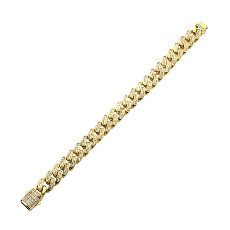 12mm 18K Gold Plated Miami Cuban Link Chain Bracelet for Men - CNC Precision Set with Genuine Cubic Zirconia Stones - Secure Double Tab Box Clasp - Perfect for Gifts, Parties & Luxury Fashion Accessories