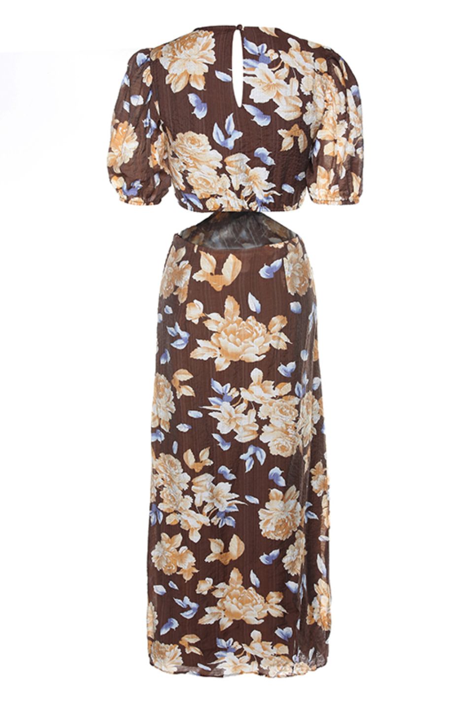 Breeze Chocolate Floral Puff Sleeve V-Neck Waist Cut Out Maxi Dress for Women - Perfect for Summer Beach Vacations, Date Nights & Boho Parties