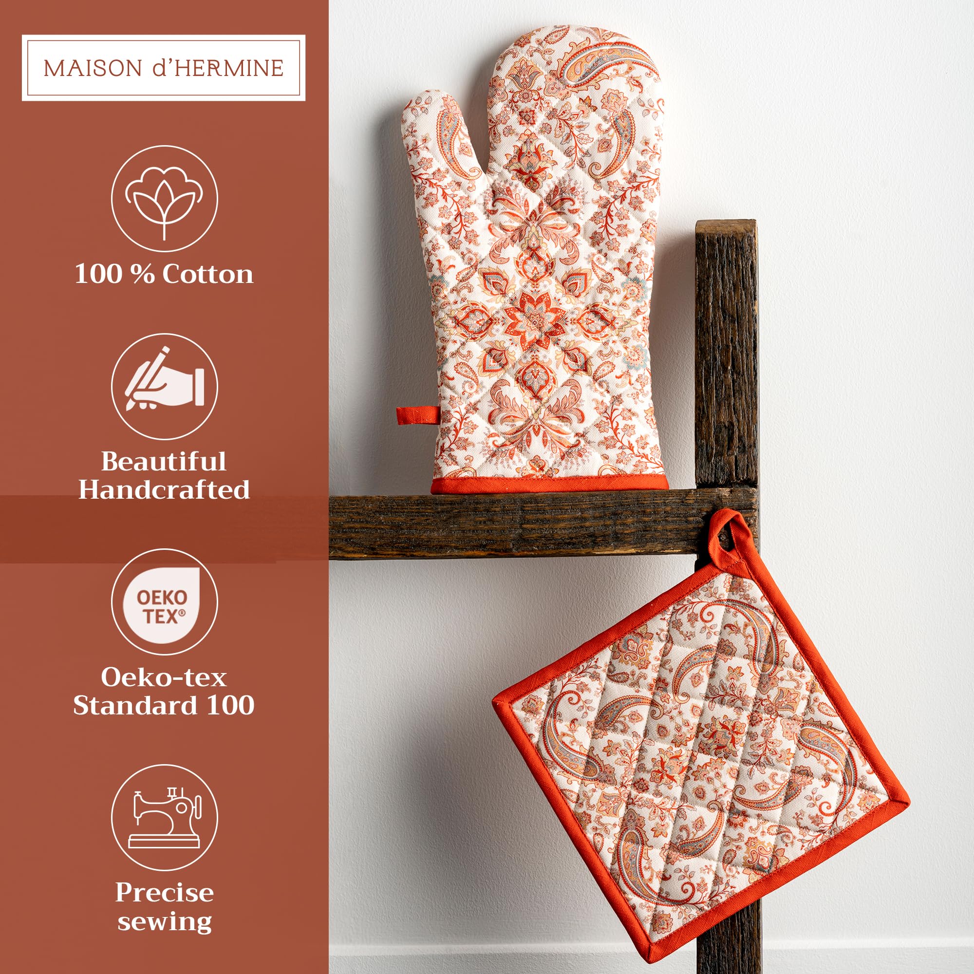 Hermine Cotton Oven Mitt & Pot Holder Set - Thick Heat-Resistant Kitchen Gloves (7.5x13 & 8x8 Inches) for Baking, BBQ, Cooking - Soft Durable Cachemire Material - Perfect for Thanksgiving, Christmas & Holiday Cooking Gifts