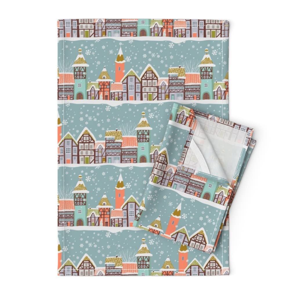 Timber Framed Houses in Snow Print Linen Cotton Tea Towel - Decorative Kitchen Towel for Drying Dishes, Baking & Farmhouse Decor | Spoonflower Printed