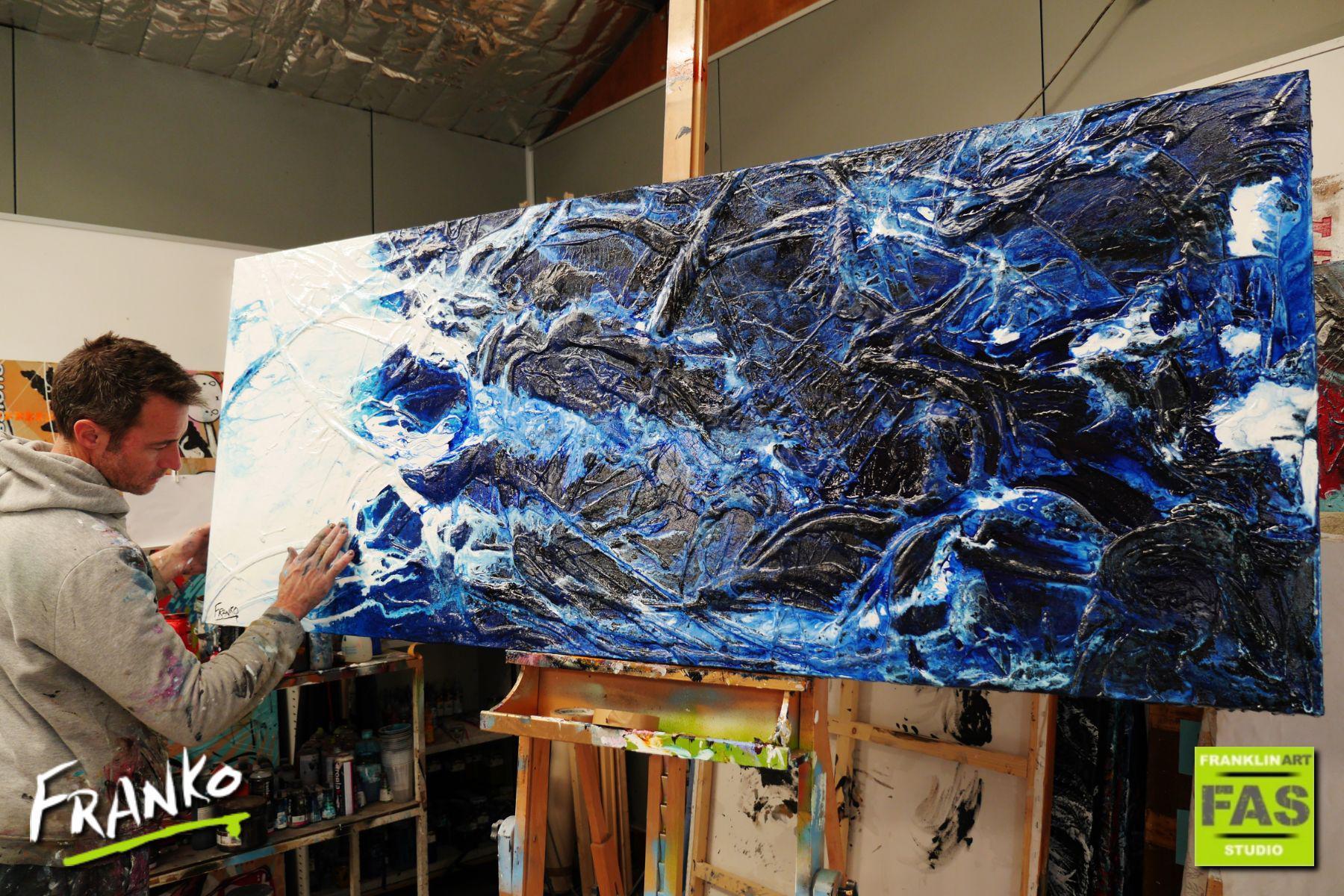 Blue Persona 200cm x 80cm Blue White Ink Acrylic Textured Abstract Canvas Art - Modern Wall Decor for Living Room, Bedroom & Office