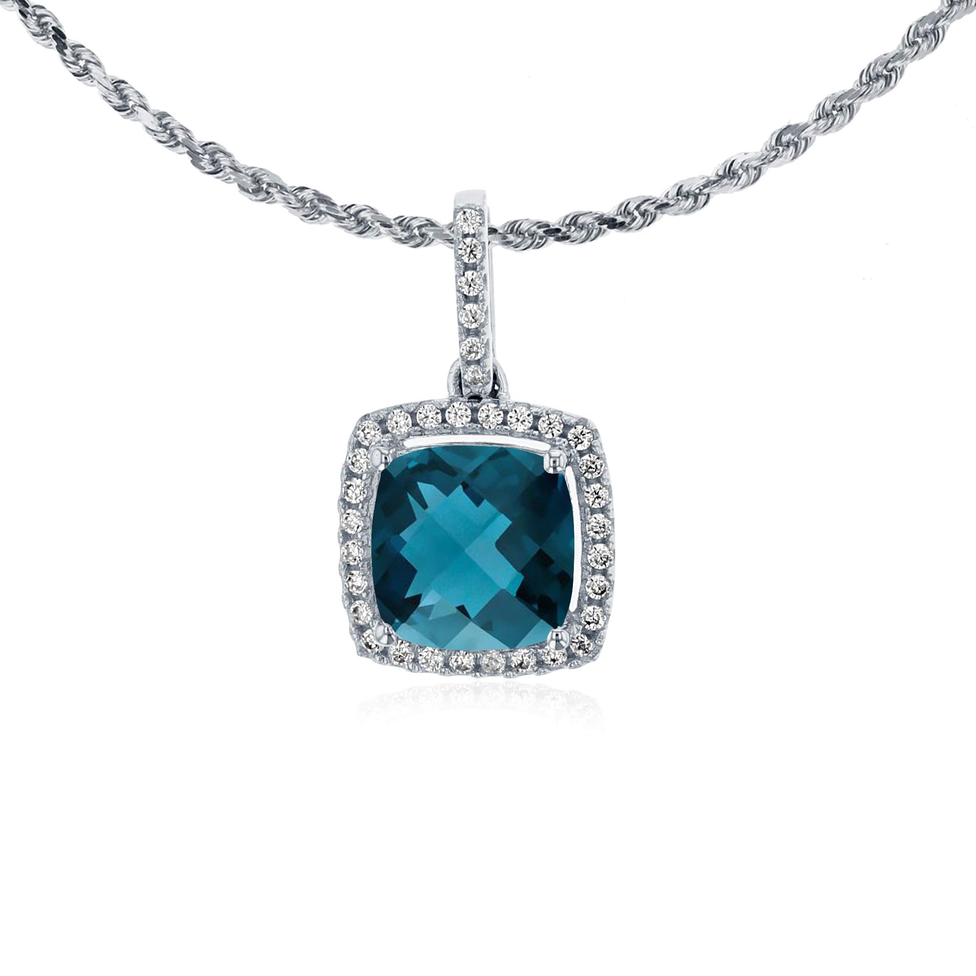 14K White Gold 7mm Cushion London Blue Topaz & 0.14 CTTW Diamond Halo Necklace with 18