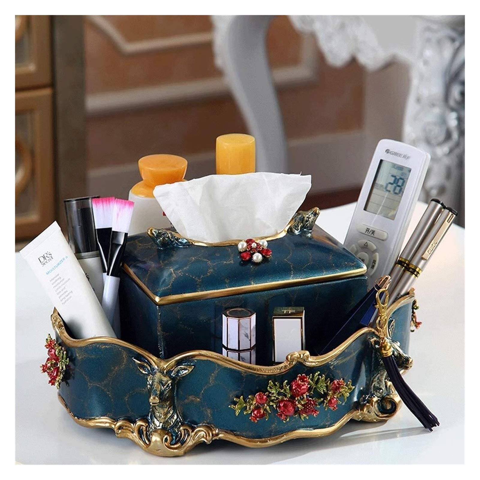 Vintage European Resin Tissue Box Cover - Multi-Functional Desktop Storage Organizer for Napkins, Cosmetics & Remote Control | Elegant Home & Office Decor for Living Room, Bedroom, Bathroom