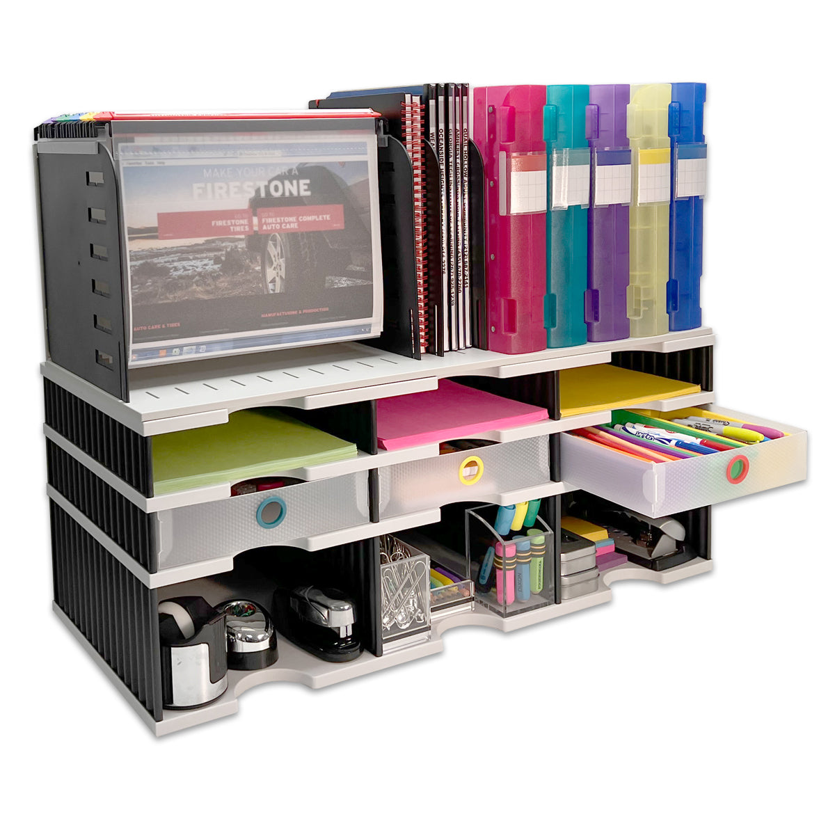 6-Slot Desktop Organizer with Riser Base, Hanging File Top & 3 Drawers - Vertical Space Saving Office Organizer for Documents, Files, Binders & Supplies - Perfect for Home Office, Study Desk & Workspace Organization