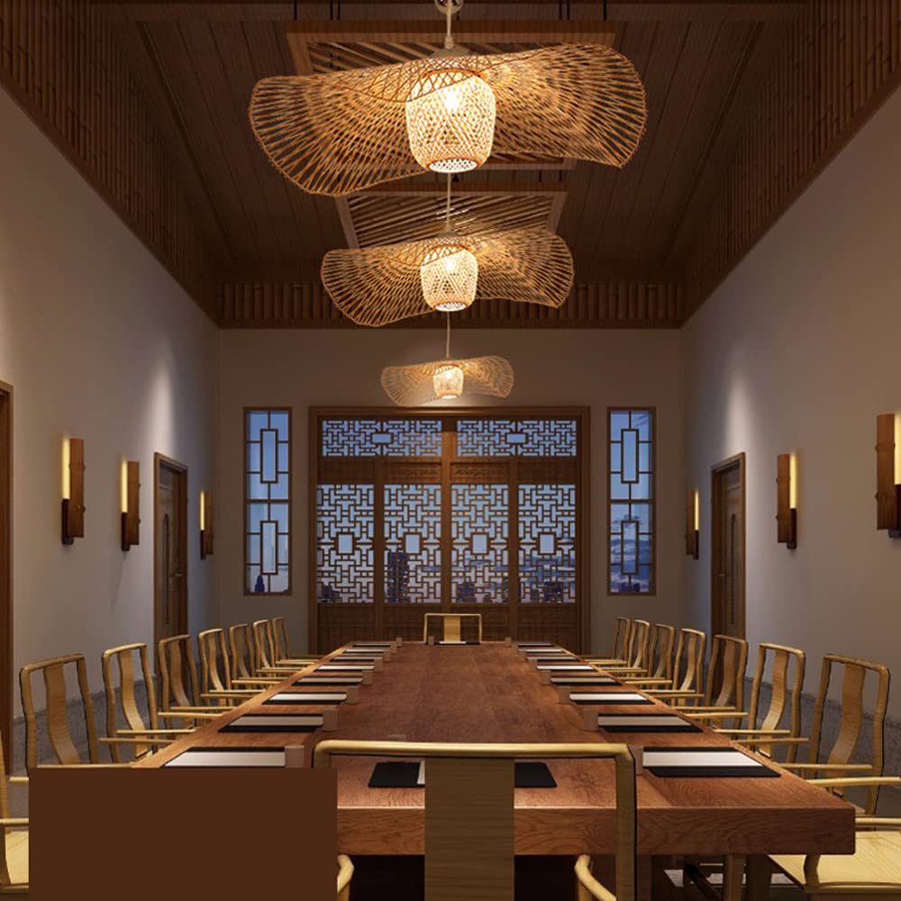 Modern LED Chandelier with Bamboo Woven Shade - 33.5'' Rattan Pendant Light Fixture for Restaurant, Living Room & Bedroom Decoration | Eco-Friendly Art Lighting for Cozy Home Ambiance