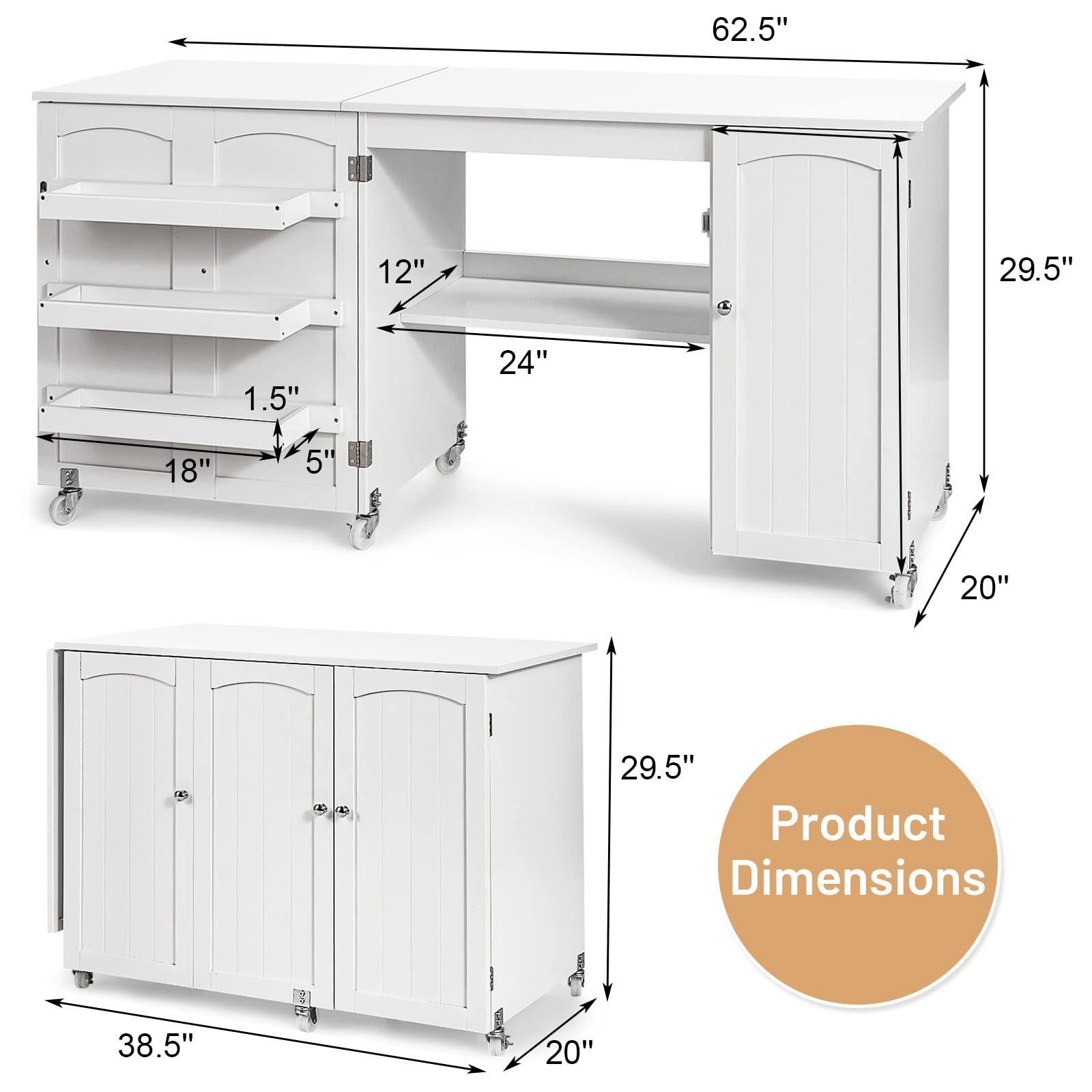 Giantex Folding Sewing Craft Table with 3 Storage Bins & Side Cabinet - Adjustable Rolling Sewing Machine Desk with Lockable Wheels & Interior Shelf - Perfect for Small Spaces, Apartments & Craft Rooms - White