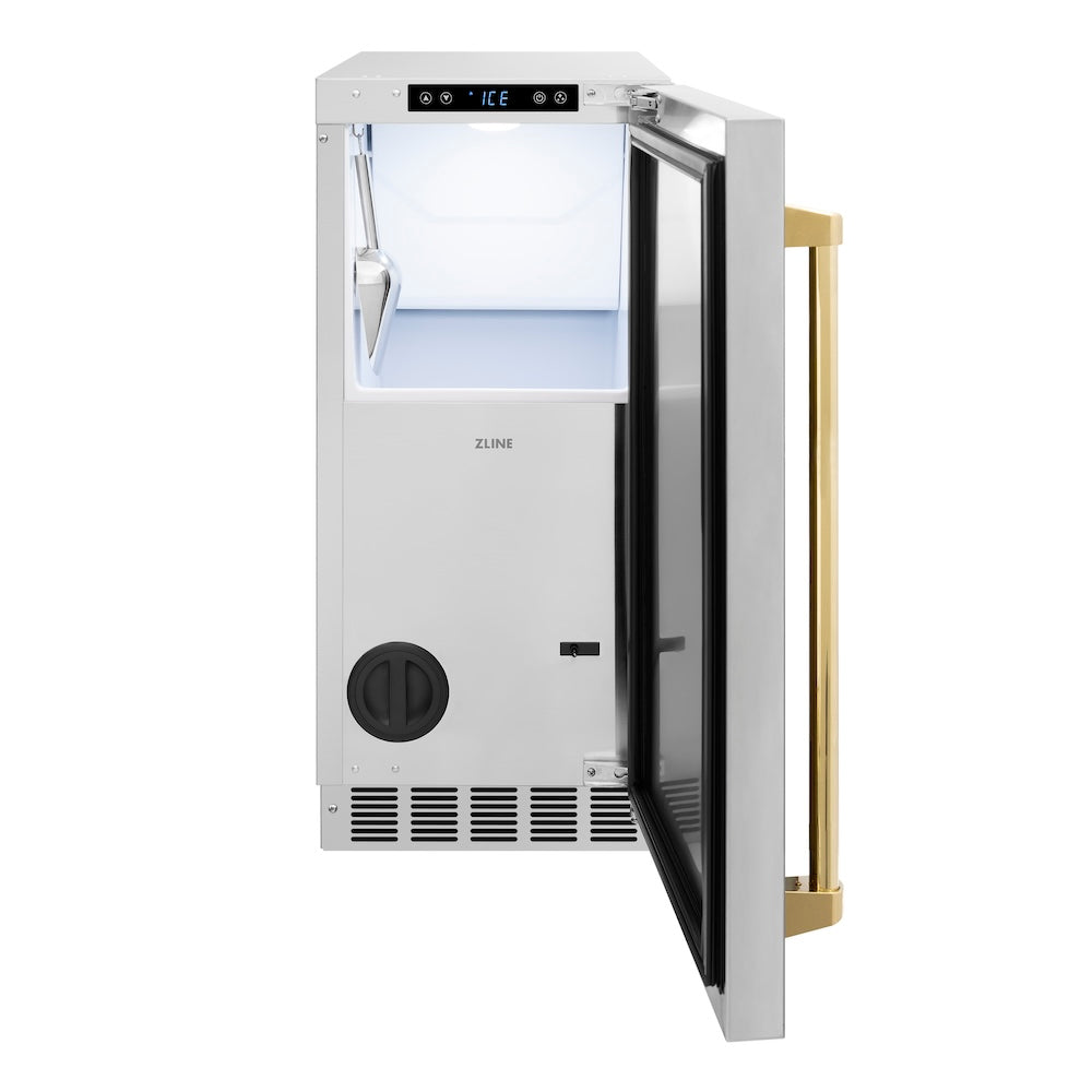 ZLINE Autograph Edition 15-inch Clear Cube Ice Maker with Drain Pump - Stainless Steel Door & Gold Handle - Commercial & Home Bar Use (ICCDZ ST 15 G)