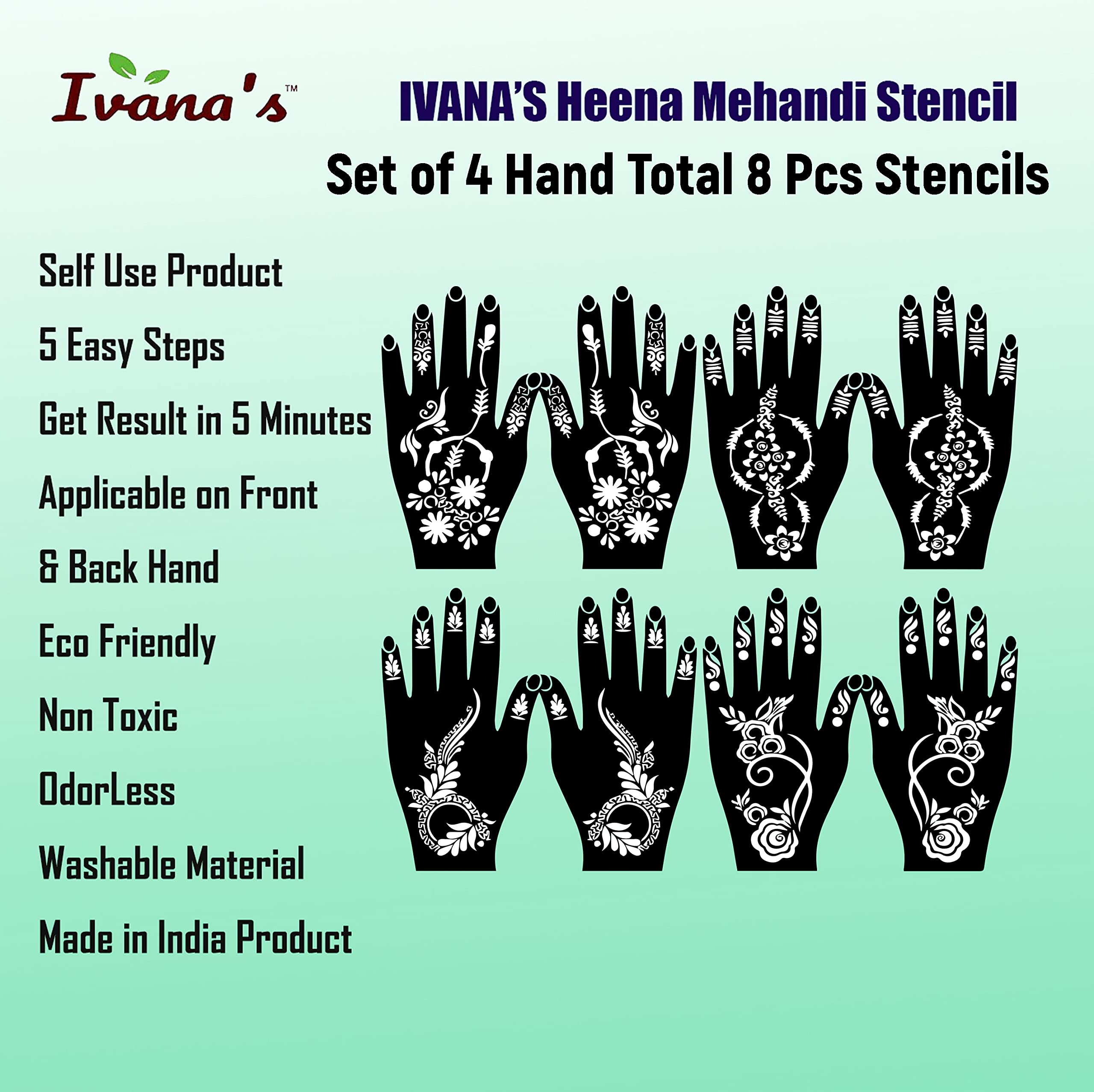 8-Piece Henna Tattoo Stencil Kit for Women & Kids | Reusable Mehandi Designs | Temporary Body Art (MT-07) | Perfect for Weddings, Festivals & DIY Body Decoration