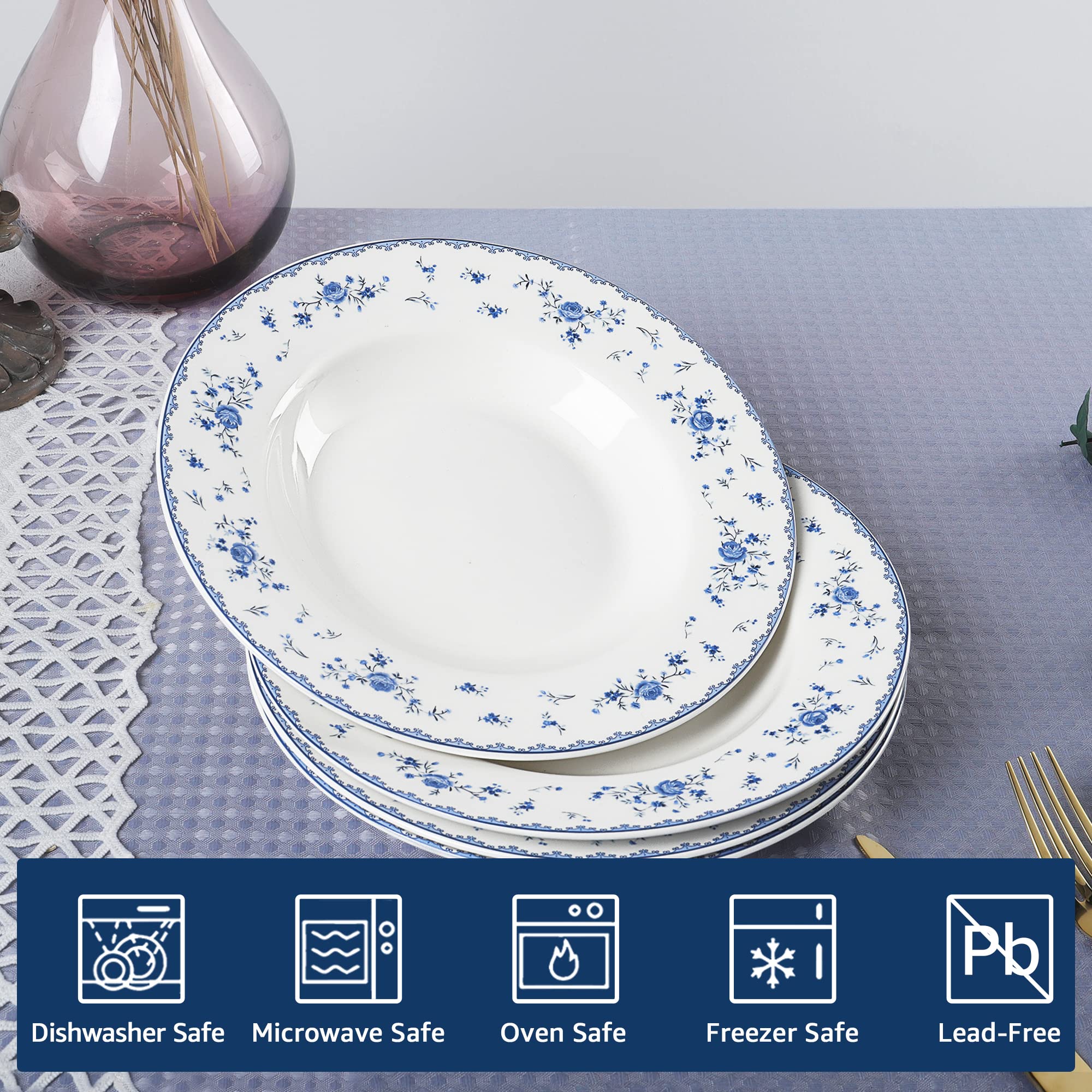 Fanquare 8 Inch Porcelain Soup Bowls Set of 4 - Round Pasta Plates for Salad, Dessert, Snack - Blue Roses Design - Perfect for Dining, Entertaining & Everyday Use