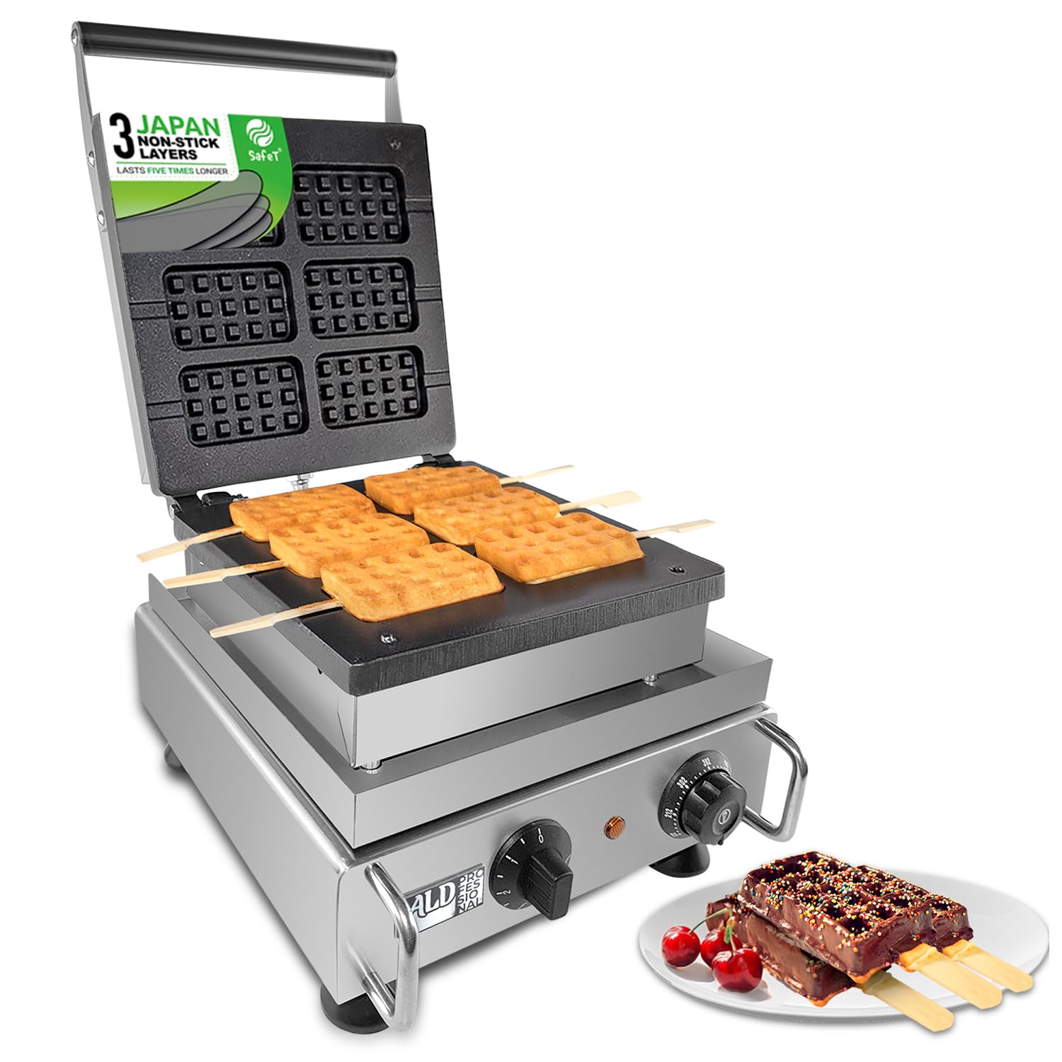 ALDKitchen Belgian Waffle Maker - Professional Stainless Steel Press with Nonstick Plates | Makes 6 Thick Waffles on a Stick | 110V for Home & Commercial Use | Perfect for Breakfast, Desserts, and Food Trucks