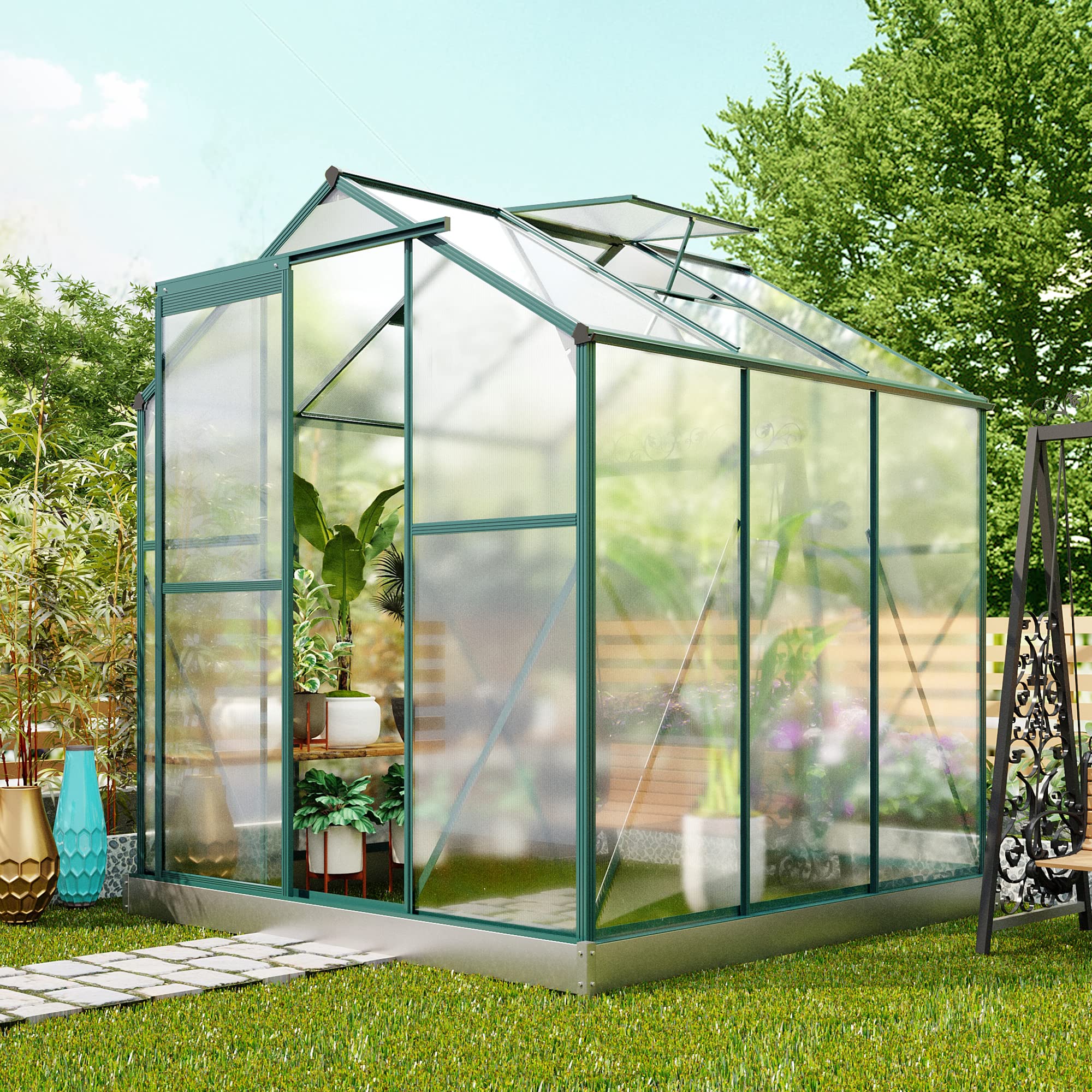 6x6 FT Walk-in Polycarbonate Greenhouse for Outdoor Gardening - Durable Plant Greenhouse Kit for Seedlings, Flowers, Herbs & Vegetables with Adjustable Roof Vent - Perfect for Backyard, Patio & Urban Farming
