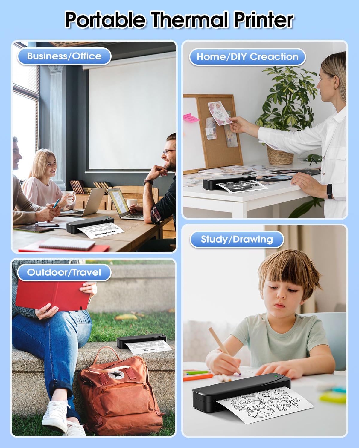 Memoqueen M833 Portable Wireless Thermal Printer - Bluetooth Inkless Printer for Travel, Office & Home, Compatible with 8.5''x11'' US Letter & A4 Paper, Works with Phone & Laptop - Perfect for Business Trips, School Projects & Home Office Printing