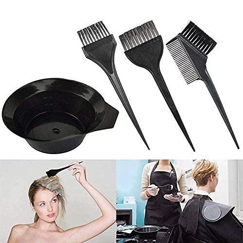 E-DUNIA Hair Dye Kit - 4 Piece Plastic Dye Brush & Mixing Bowl Set with 3 Brushes (Black) for Professional Salon & At-Home Hair Coloring