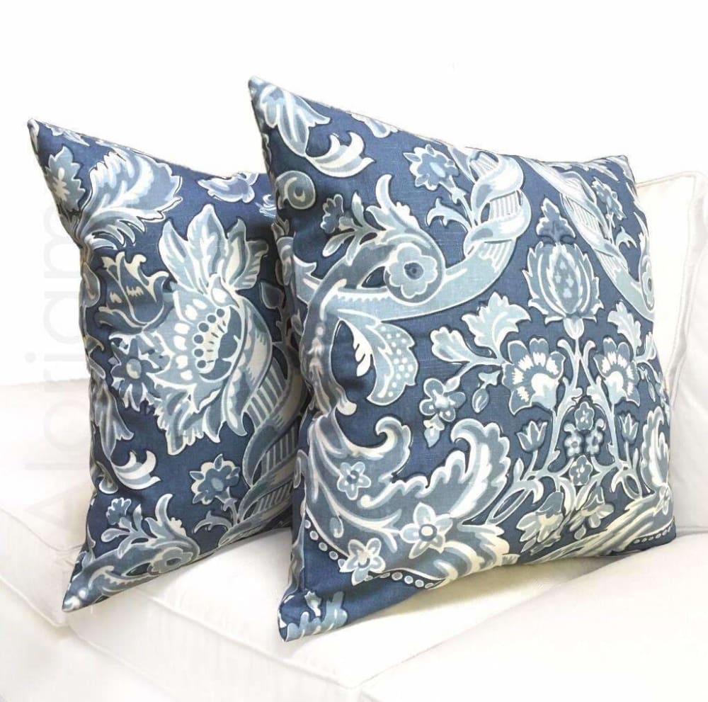 Kravet Lorton Blue White Damask Print Linen Pillow Cover - Decorative Throw Pillow Covers for Sofa, Bed & Home Decor - 18x18 Inch Square Cushion Case