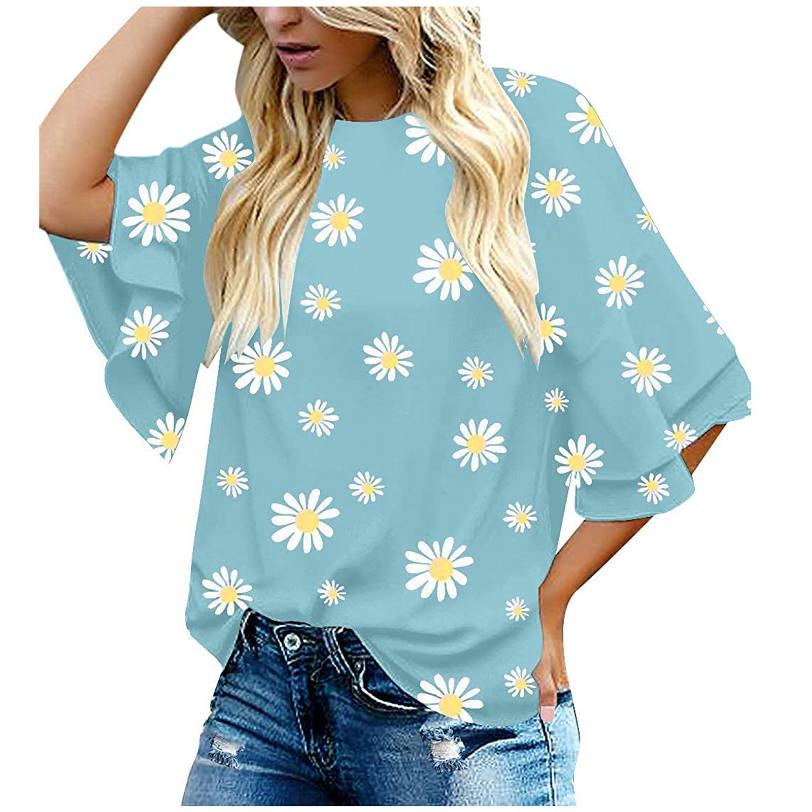 Trendy Floral Print Round Neck Flared Sleeve Tunic Blouse - Women's Loose Fit Summer T-Shirt Top for Casual Outings & Beach Vacations