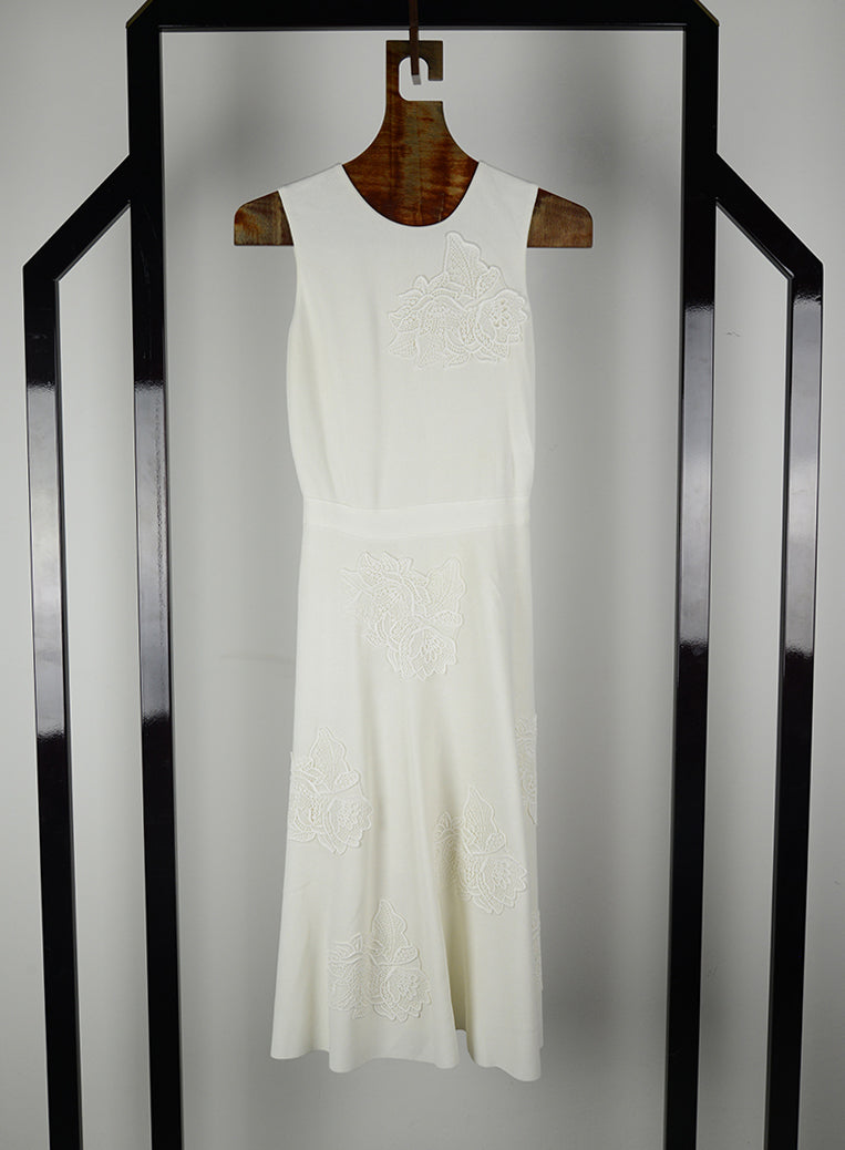 Dior Floral Embroidered Midi Dress in Beige - Size 42 | Elegant Women's Fashion for Parties, Weddings & Special Occasions
