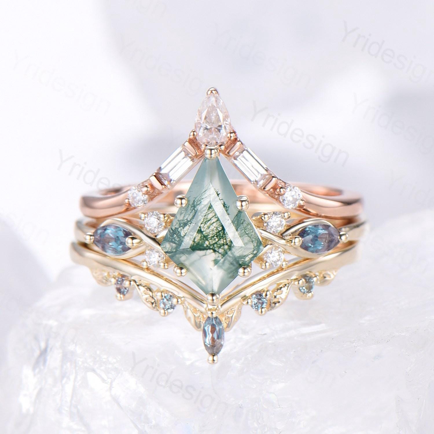 Natural Kite Cut Green Moss Agate Engagement Ring Set - 7 Stone Silver & Yellow Gold Cluster Alexandrite Wedding Band for Women | Perfect for Bridal Jewelry, Anniversary Gifts & Special Occasions