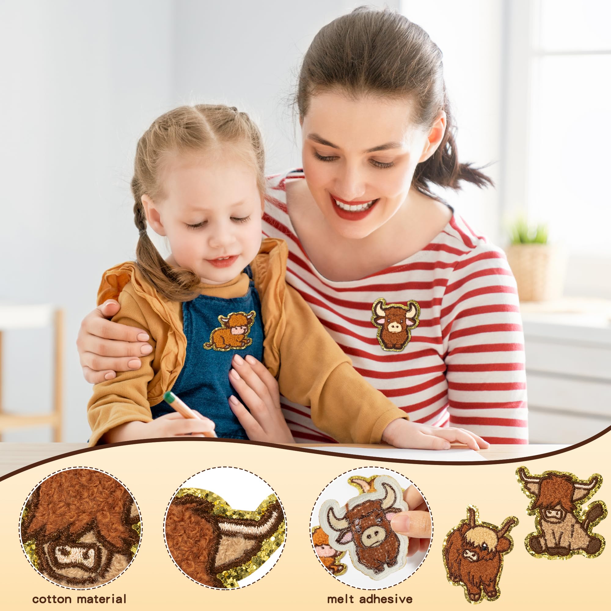 10Pcs Highland Cow Chenille Iron-On Patches for Kids - Cartoon Animal Knee Repair Patches, DIY Embroidered Applique for Backpack, Clothes, Dress, Pants & Hats - Fun & Durable Fabric Accessories for School, Play & Outdoor Activities