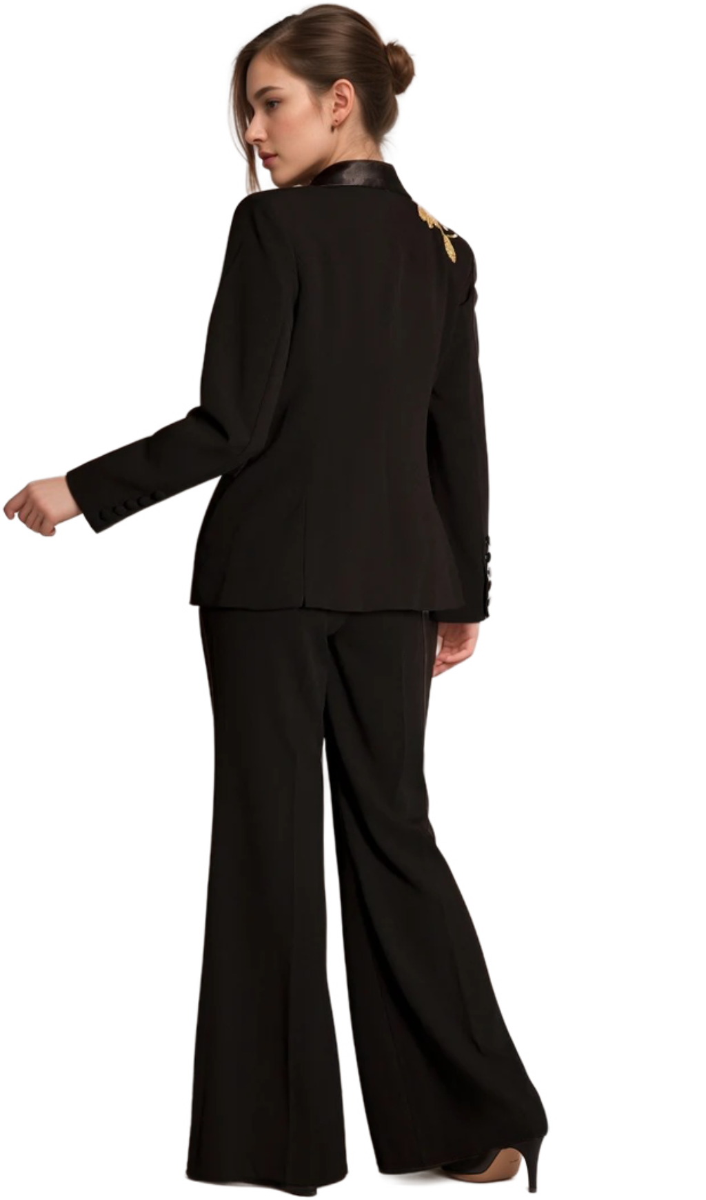Angela Primatou Black Embroidered Flared Blazer Suit for Women - Elegant Office Wear & Evening Party Outfit