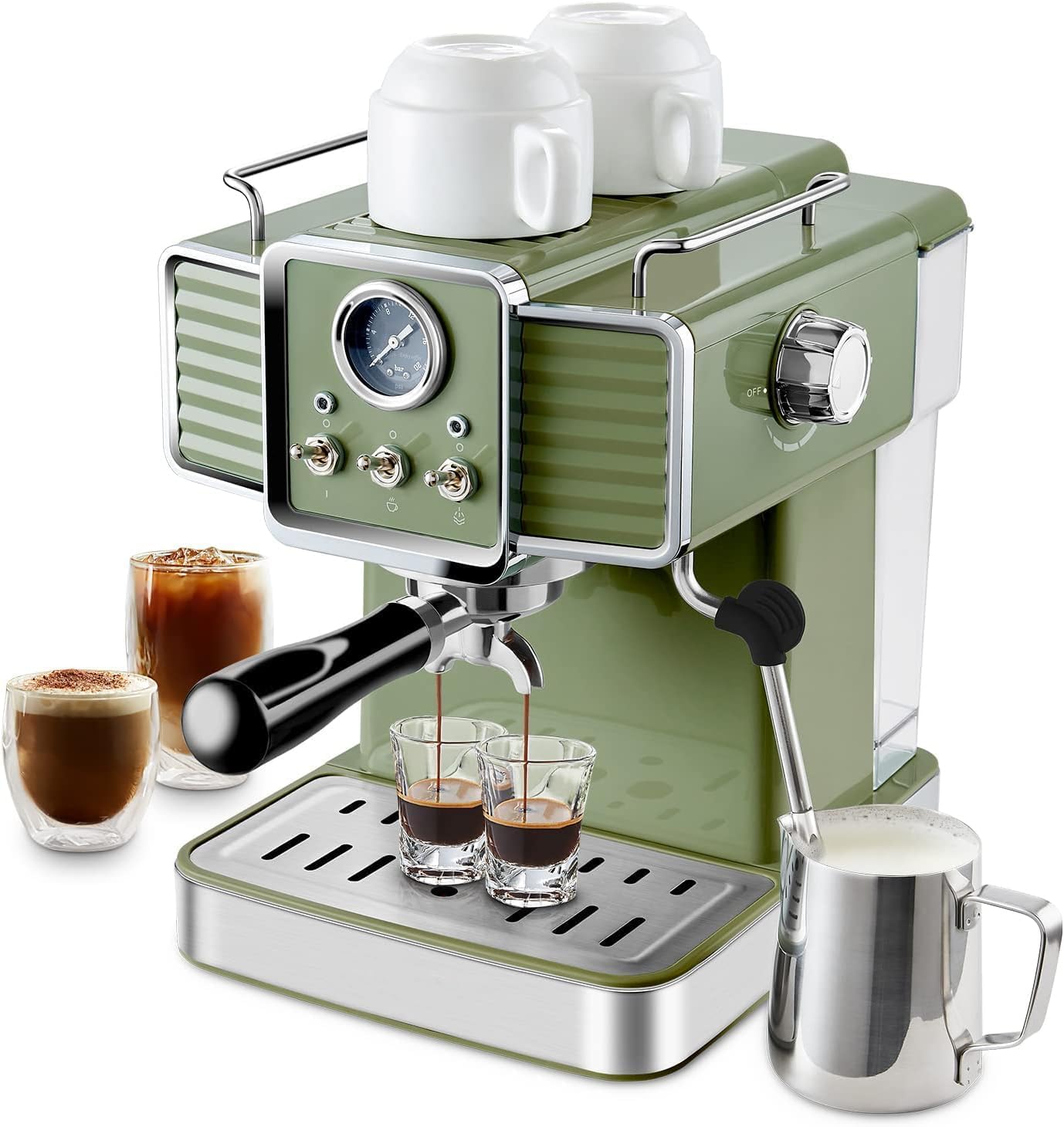 InfiniPower 15 Bar Professional Espresso Machine with Milk Frother - 1350W Coffee Maker for Cappuccino, Latte & Macchiato - 54oz Removable Water Tank - Home Barista Coffee Machine (Green) - Perfect for Kitchen, Office & Coffee Shop Use