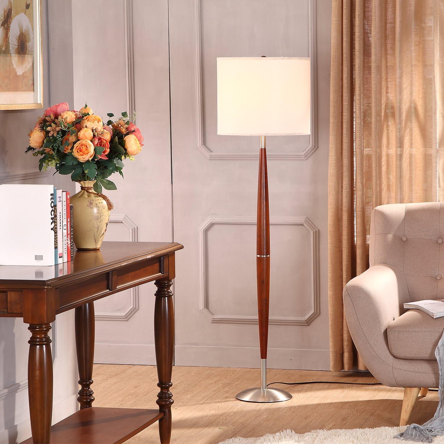 Brightech Lucas LED Floor Lamp - Modern Standing Lamp with Drum Shade & Wood Finish for Living Room, Bedroom, Office - Adjustable Reading Light & Bohemian Home Decor for Cozy Spaces