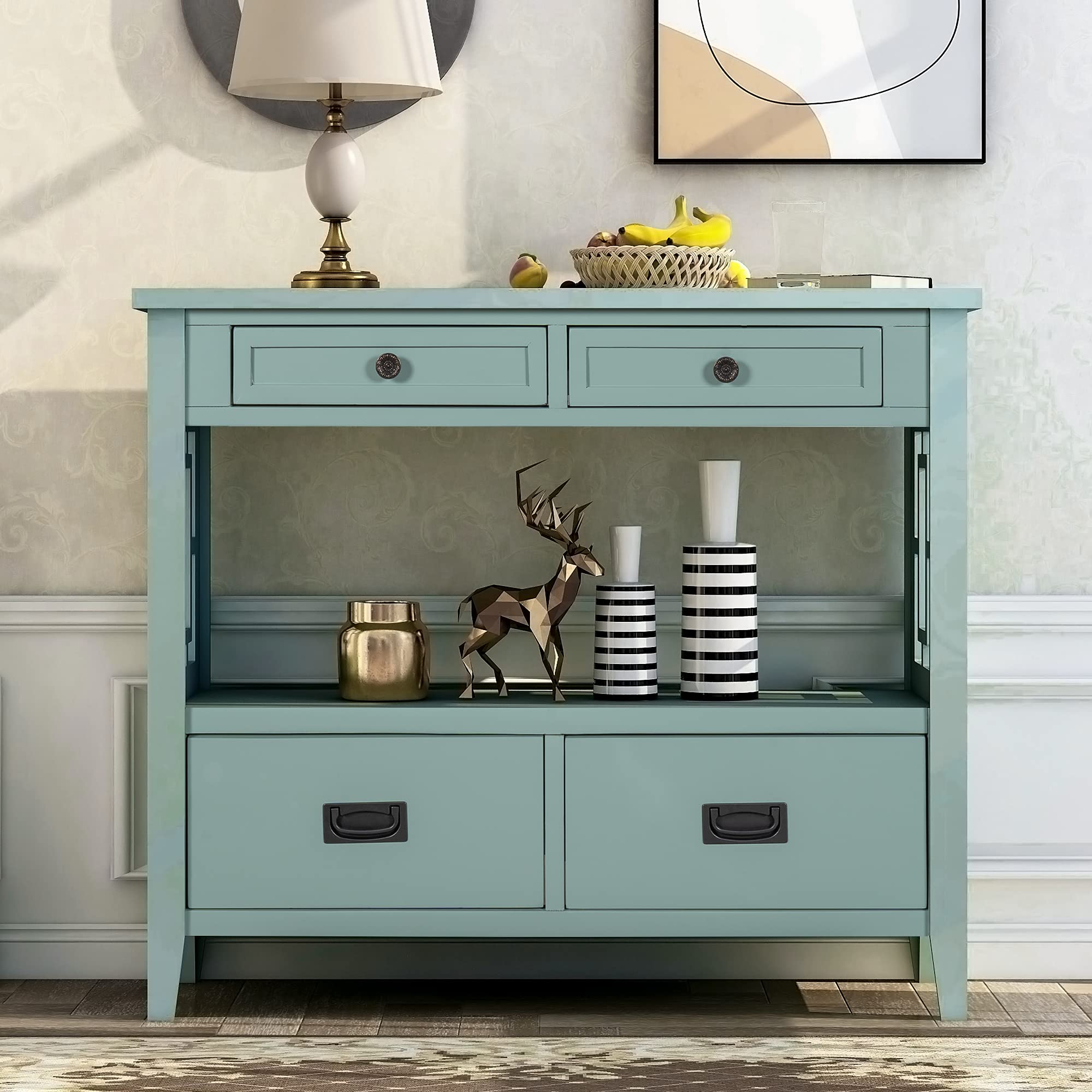 Quarte Retro Style Console Table - Entryway Hallway Sofa Table with 4 Drawers & 1 Shelf, Thick Wood Accent Side Table for Living Room, Bedroom - Easy Assembly (Green) | Perfect for Small Spaces, Apartment Decor & Home Organization