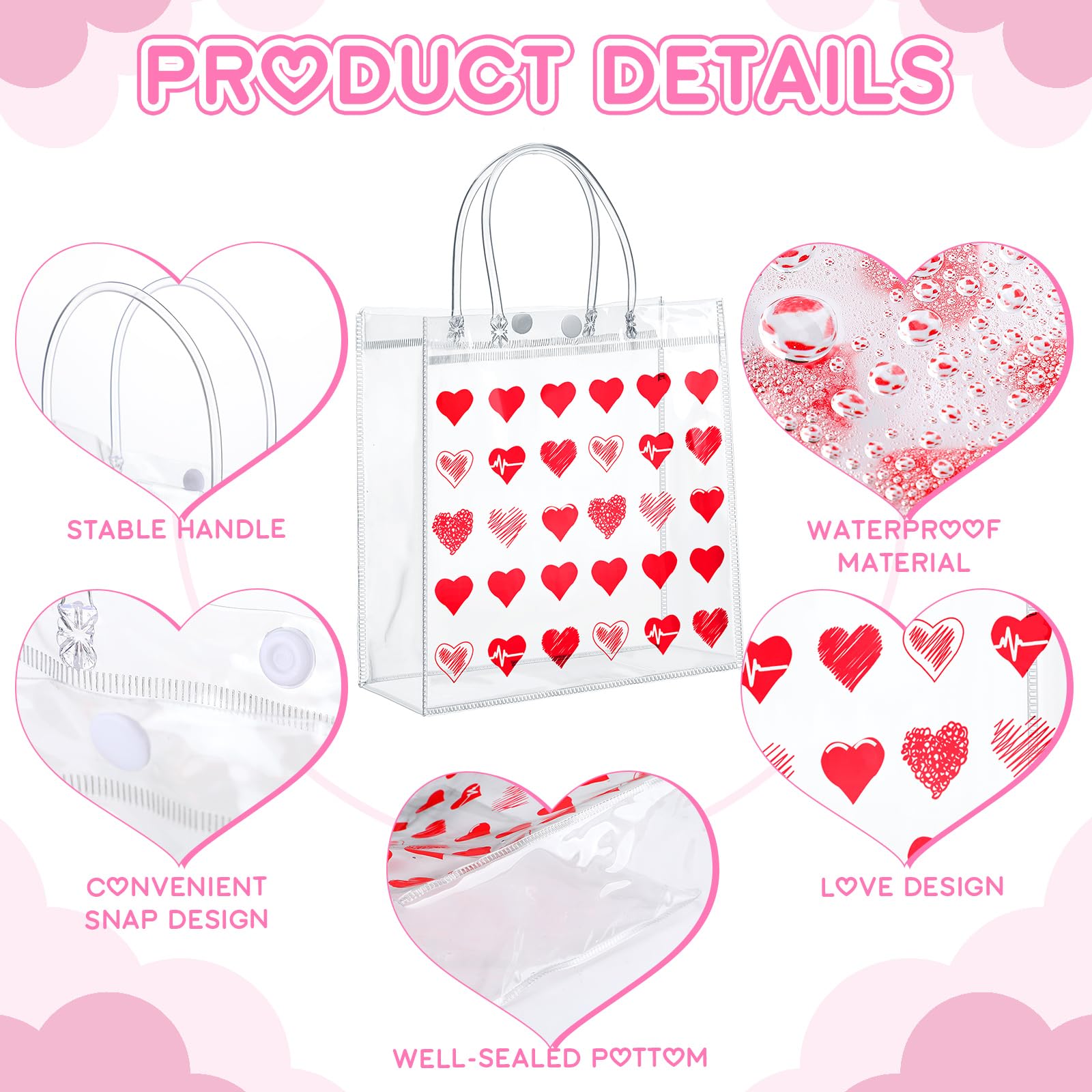Uiifan 24-Pack Clear PVC Valentine's Day Gift Bags with Handles - Transparent Heart Print Reusable Tote Bags for Valentine's, Galentine's Day Gifts & Party Favors - Perfect for Candy, Jewelry & Small Present Wrapping