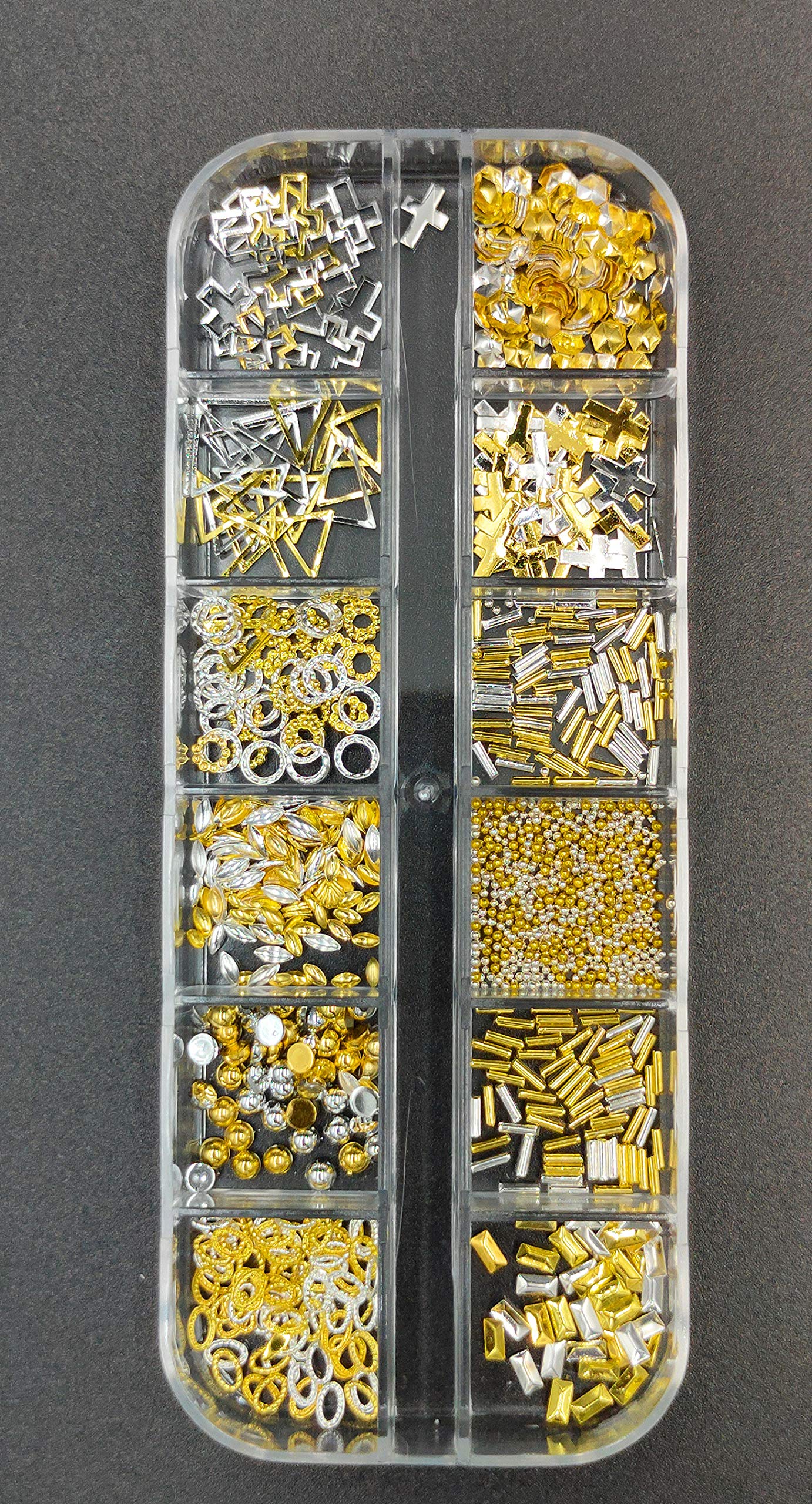 S.A.V.I 1 Palette - 12 Styles DIY Nail Art Alloy Accessories Kit for Manicure (Gold & Silver Mixed Shapes Decorations) - Perfect for Home Salon, Nail Art Enthusiasts & Professional Nail Technicians