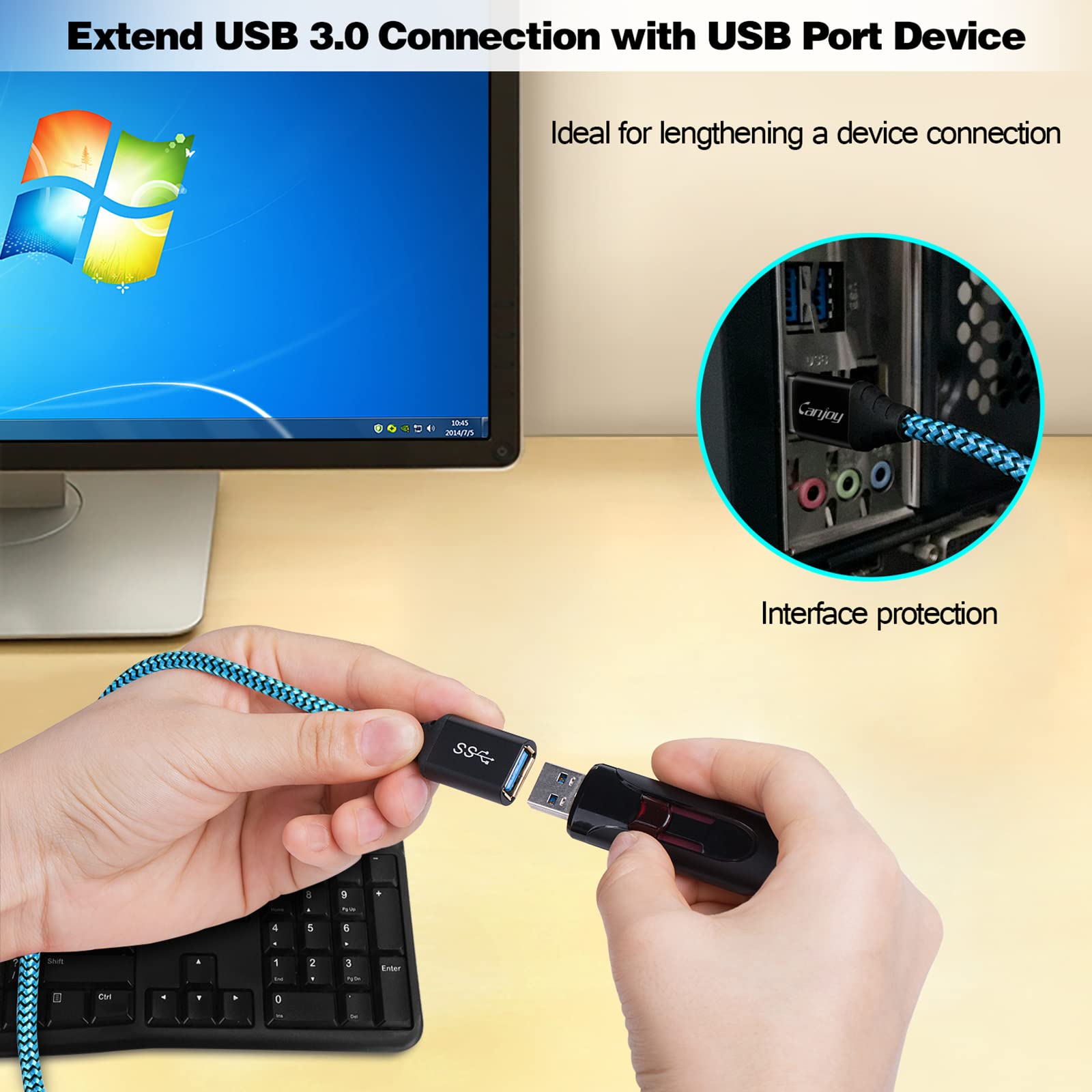 Canjoy 3 Pack USB 3.0 Extension Cable - 6ft High Speed Braided USB A Male to Female Extender Cord (Red, Gold, Blue) for Laptop, PC, Printer, Hard Drive & Gaming Console Accessories
