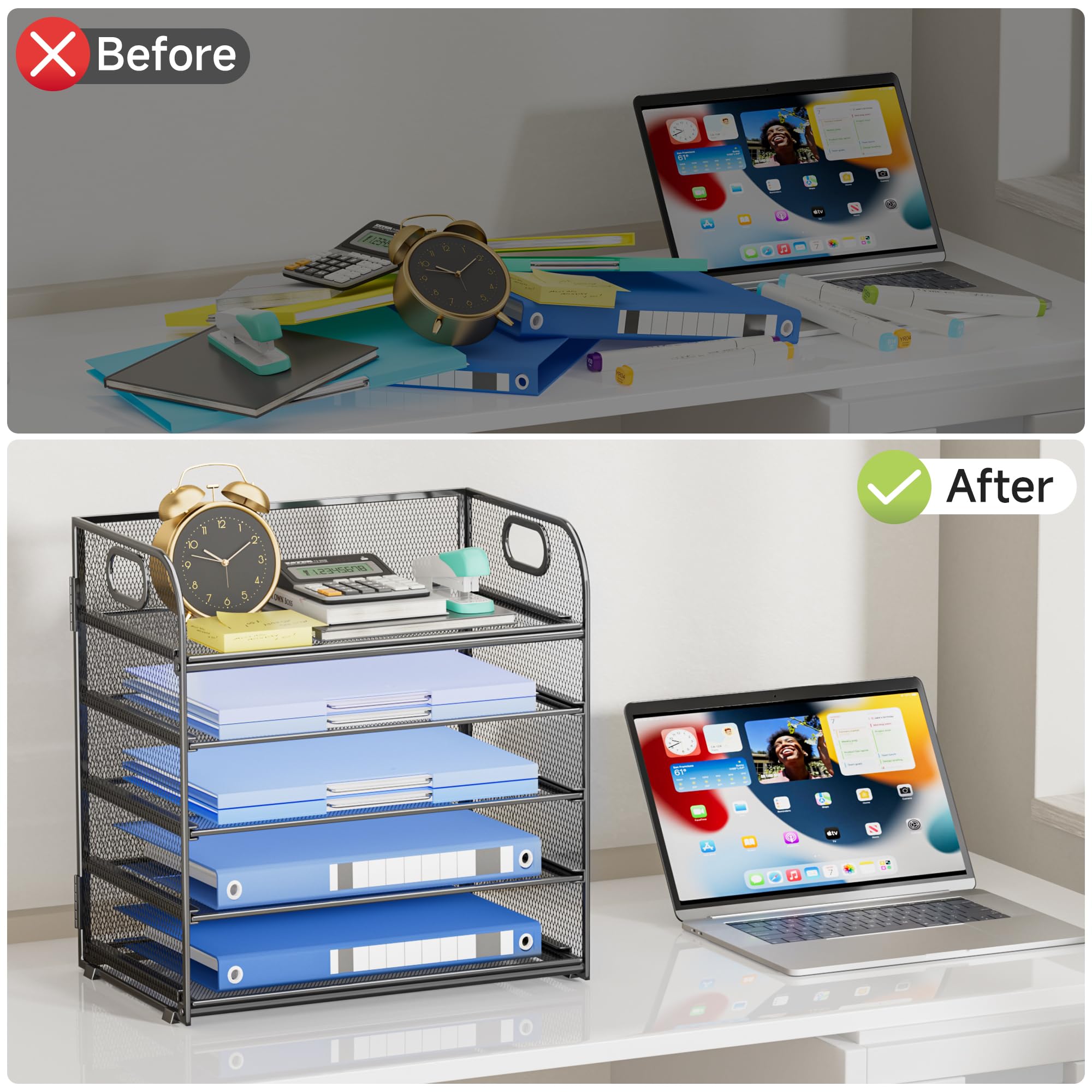 5 Tier Mesh Paper Organizer with Handle - Grey Office Desk File Sorter, Letter Tray for Home & Office Supplies | Perfect for Organizing Documents, Mail, and Office Essentials