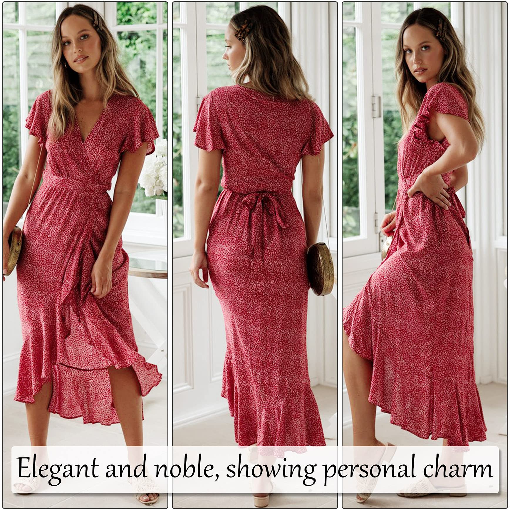 Floral Polka Dot Women's Summer Dress - V-Neck Short Sleeve Midi Dress with Belt | Perfect for Beach Vacations, Garden Parties & Casual Outings