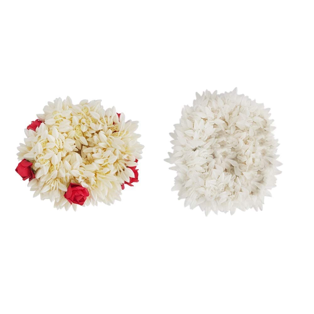 AKSUTI Women's Hair Accessories - Rose & Mogra Scented Rubber Band Gajra Hair Ties (White, Free Size, Pack of 2) for Bridal, Party & Daily Wear