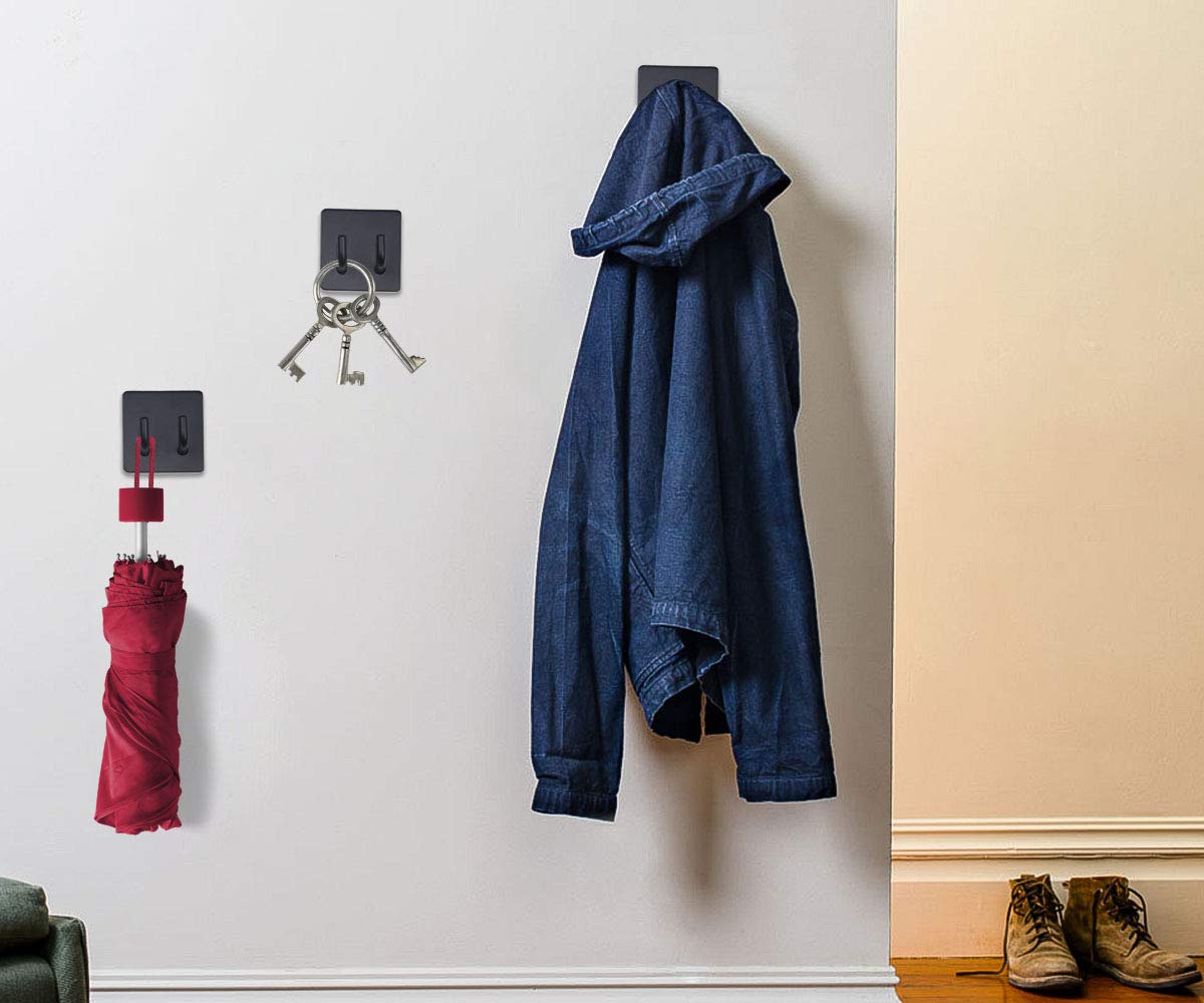 Adhesive Shower Hooks 4 Pack - Strong Wall Hooks for Hanging Towels, Keys & Hats - Waterproof Bathroom Hooks for Shower, Kitchen & Dorm Organization - Black Sticky Hooks