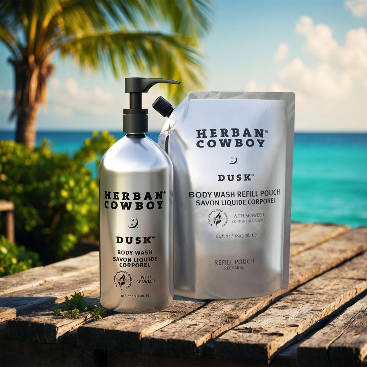 Herban Cowboy Dusk Scented Body Wash - 30oz Eco-Friendly Aluminum Bottle with 64oz Refill Pouch - Natural Men's Shower Gel for Daily Use & Travel