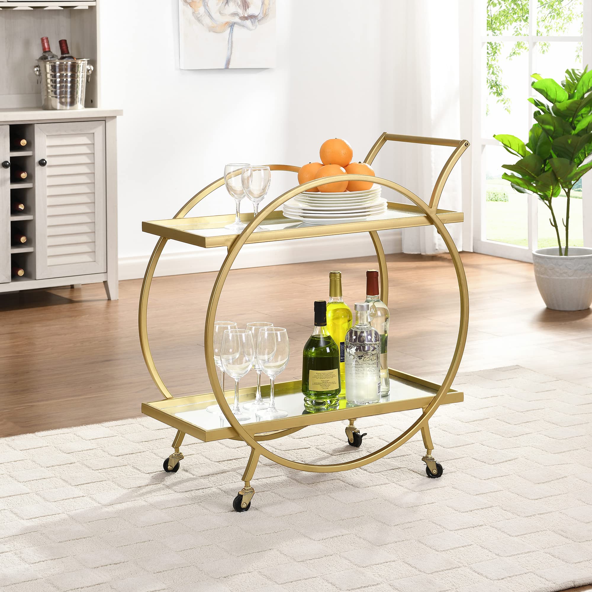 FirsTime & Co. Gold Odessa 2-Tier Bar Cart - 28 Inch Mobile Mini Bar with Storage | Kitchen Serving Cart, Coffee Station & Liquor Organizer | Metal & Mirror Modern Design for Home, Office or Party Use