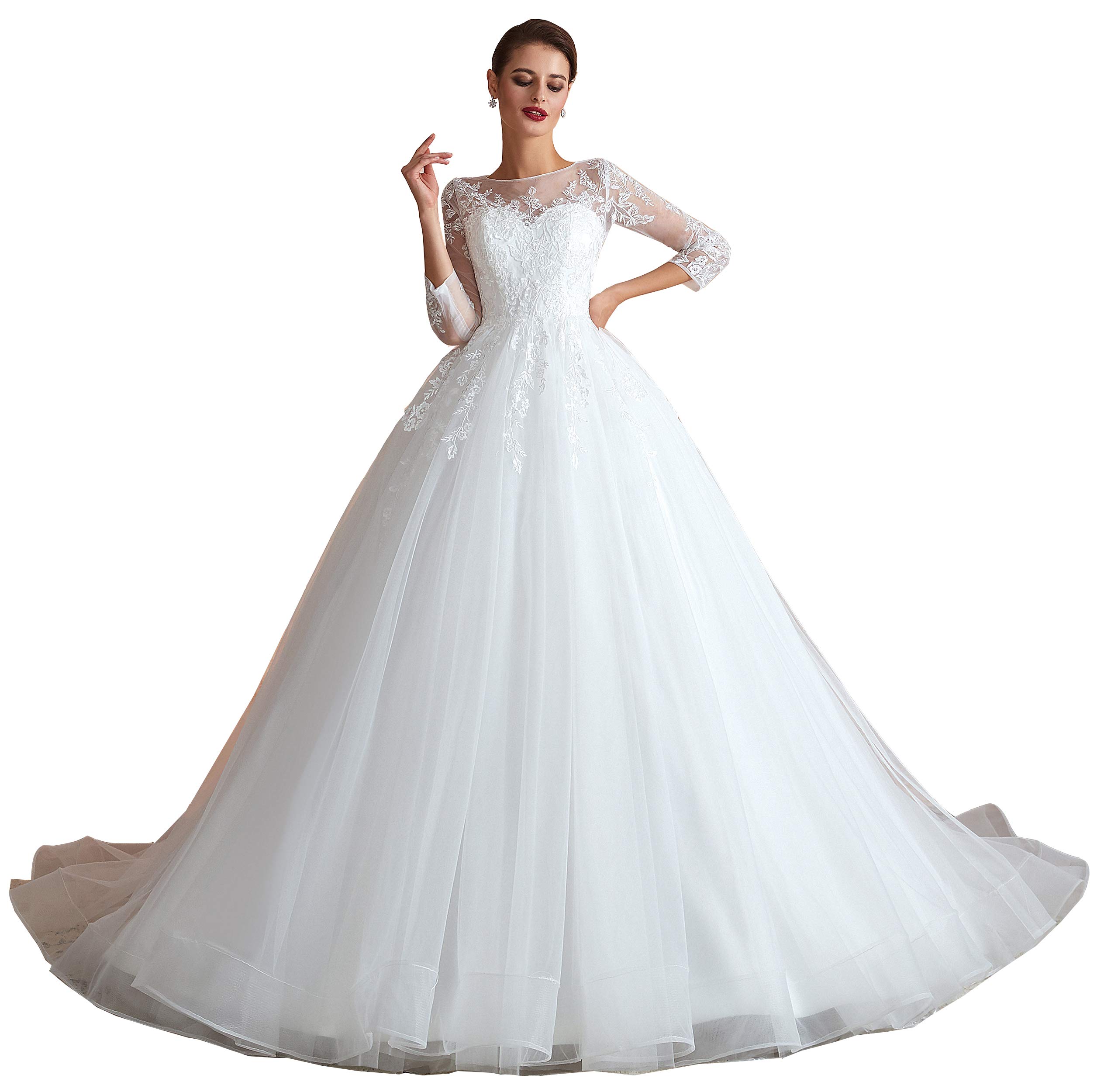 Elegant Women's Long Sleeve A-Line Applique Tulle Wedding Ball Gown - Perfect for Bridal Ceremony, Formal Events & Evening Galas