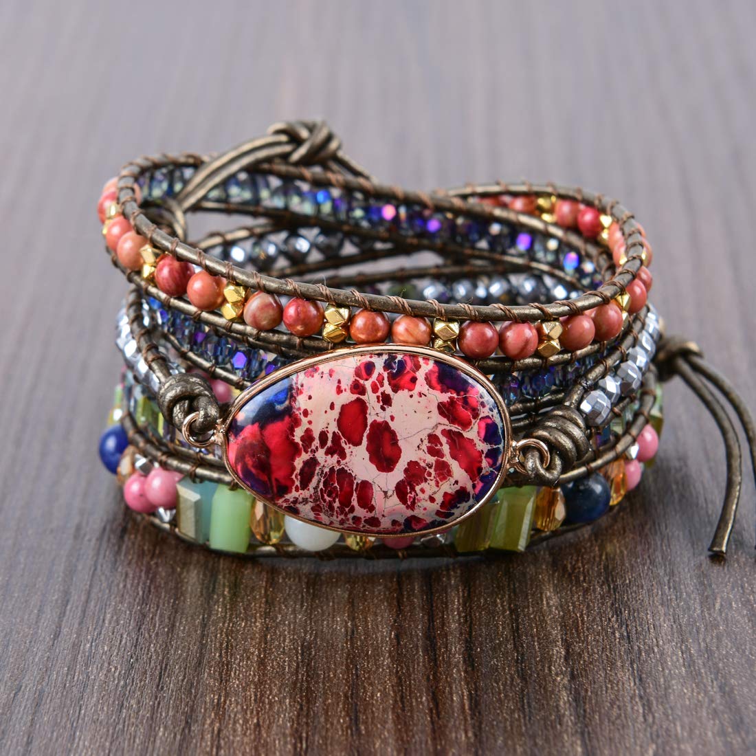YGLINE Adjustable 5-Wrap Multilayer Genuine Leather Boho Beaded Bracelet for Women - Handmade Natural Stone Bohemian Wrap Bracelet | Perfect for Festival, Beach, Yoga & Everyday Boho Chic Style