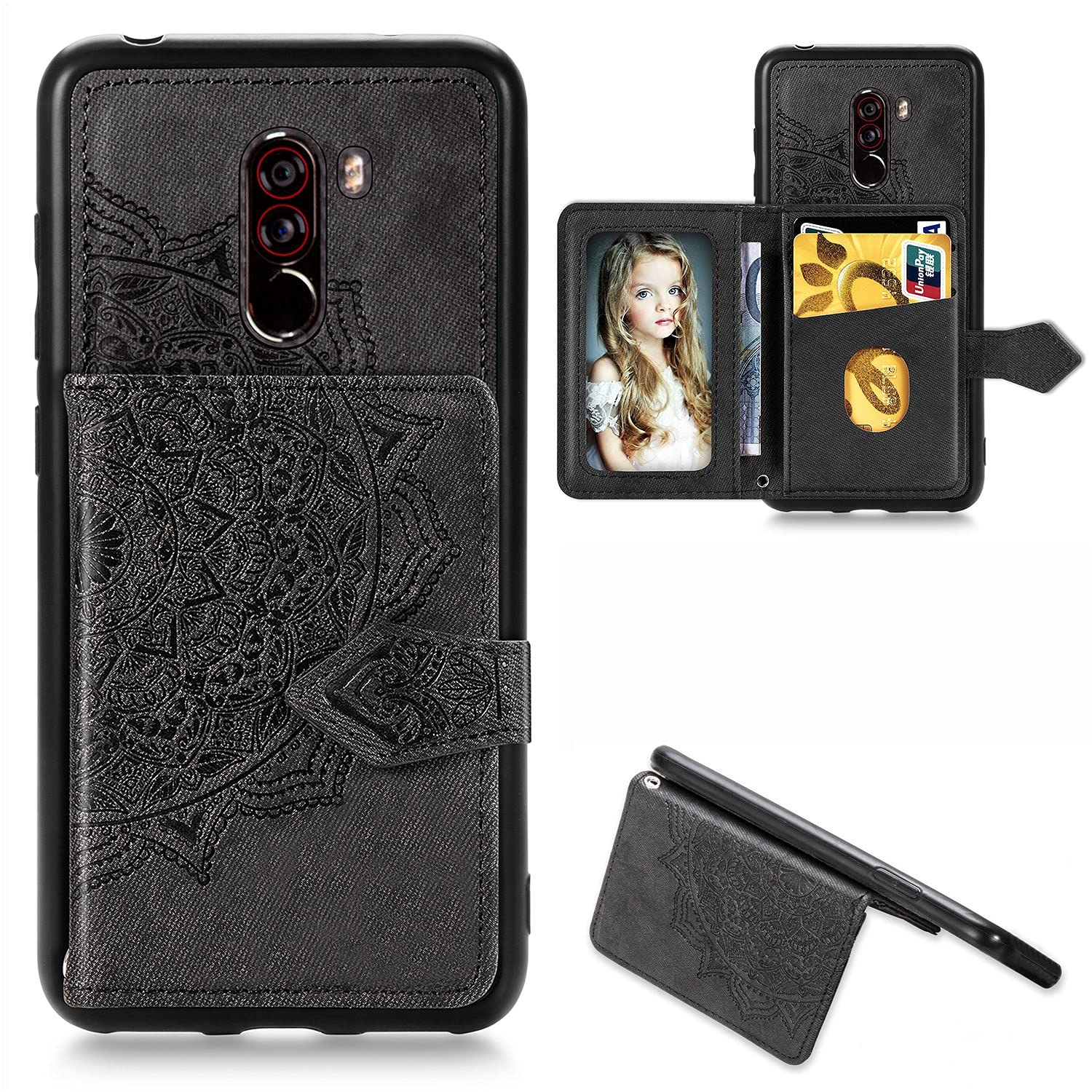 Shockproof Hybrid Phone Case for Xiaomi Poco F1 - Dual Layer TPU + PU Rugged Protective Cover with Magnetic Car Mount | Anti-Drop Protection | Black | Perfect for Outdoor, Travel & Daily Use