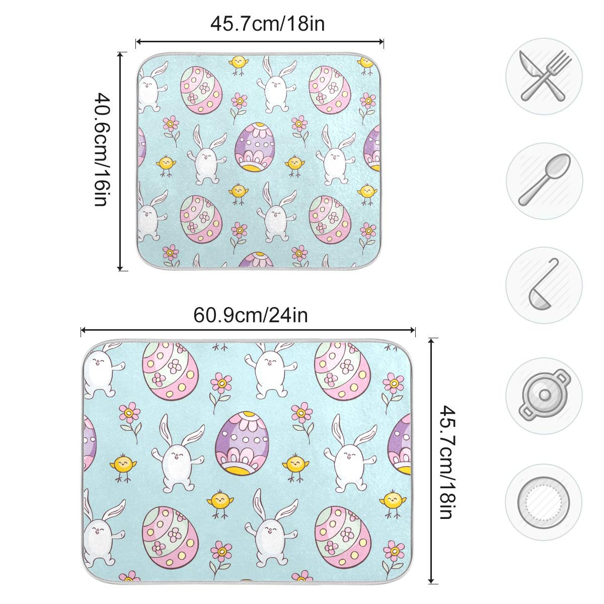 Easter Egg Dish Drying Mat - Absorbent Reversible Microfiber Kitchen Mat with Rabbit Design, 16x18 Inch - Perfect for Easter Decor, Spring Kitchen Decorations & Countertop Protection