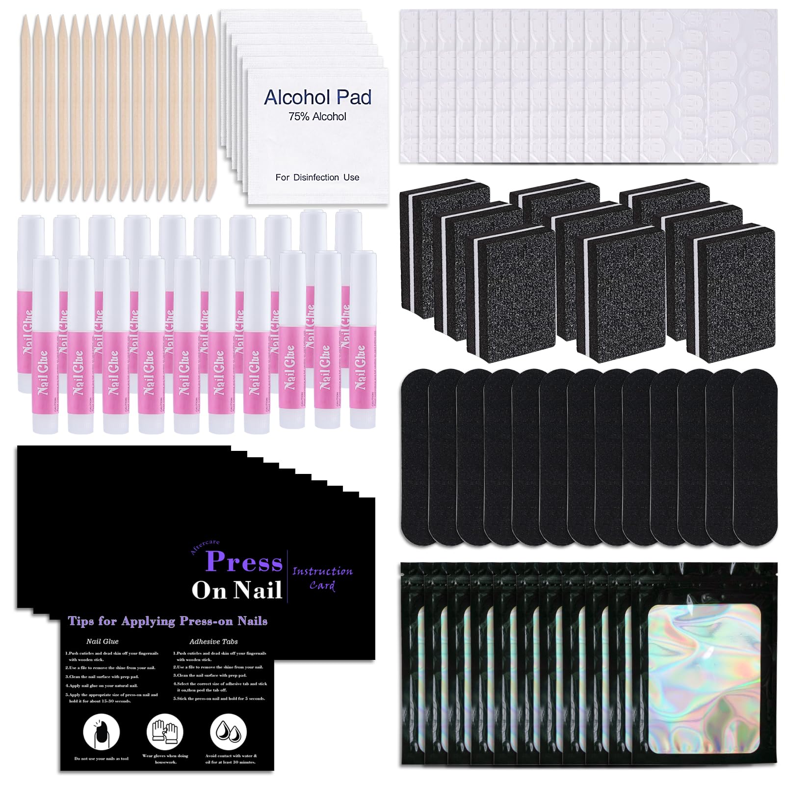 50-Piece Professional Press On Nail Kit - Disposable Manicure Supplies with Nail Files, Buffers, Adhesive Tabs, Glue, Sticks, Prep Pads & Storage Bags - Perfect for Nail Salons, DIY Home Manicures & Nail Art Businesses (Black)