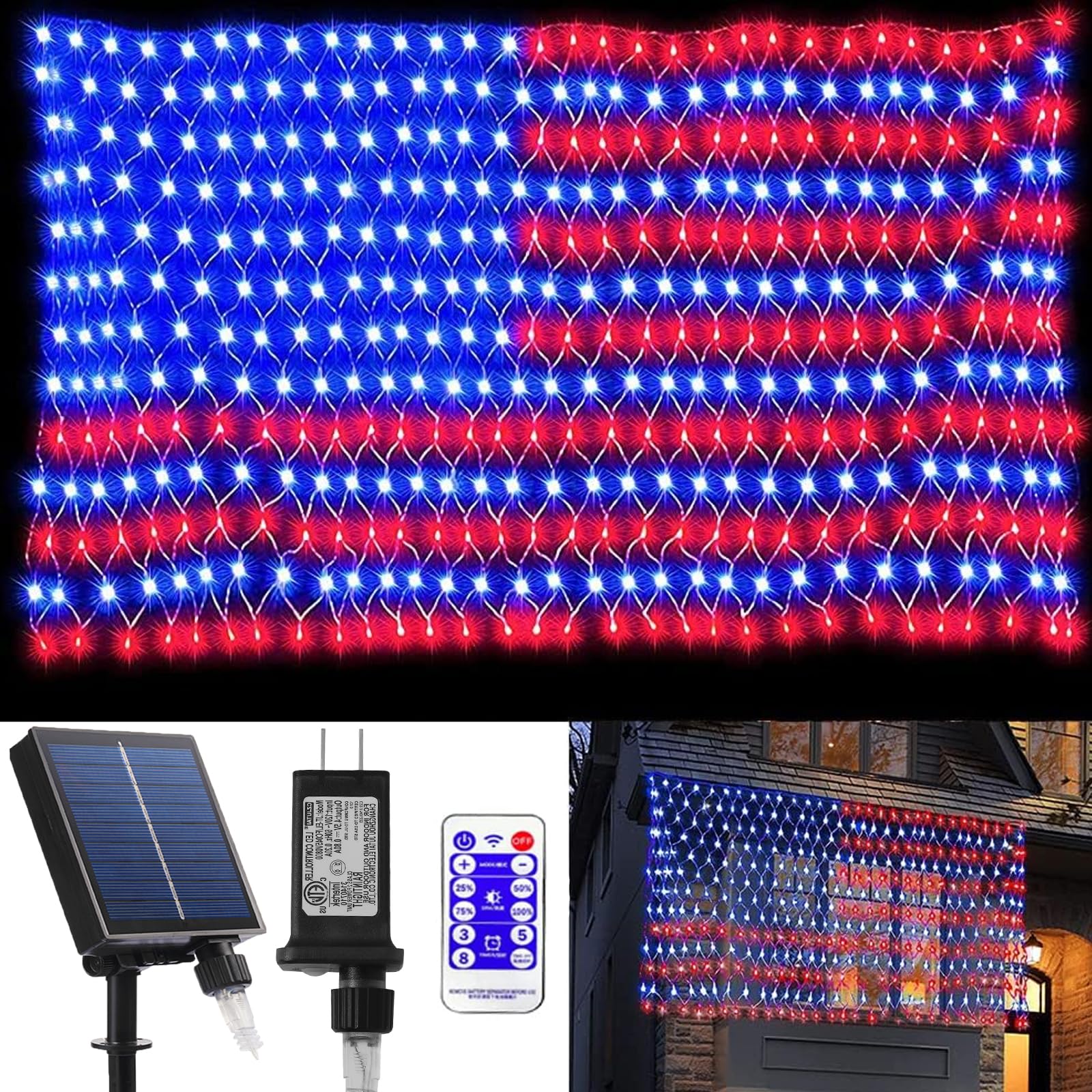 Solar Powered American Flag Lights - 420 LED Waterproof US Flag Lights with 8 Lighting Modes (Plug-in & Solar 2-in-1) for Independence Day Decorations, Garden, Yard, Patio - Perfect for July 4th Celebrations & Outdoor Night Lighting