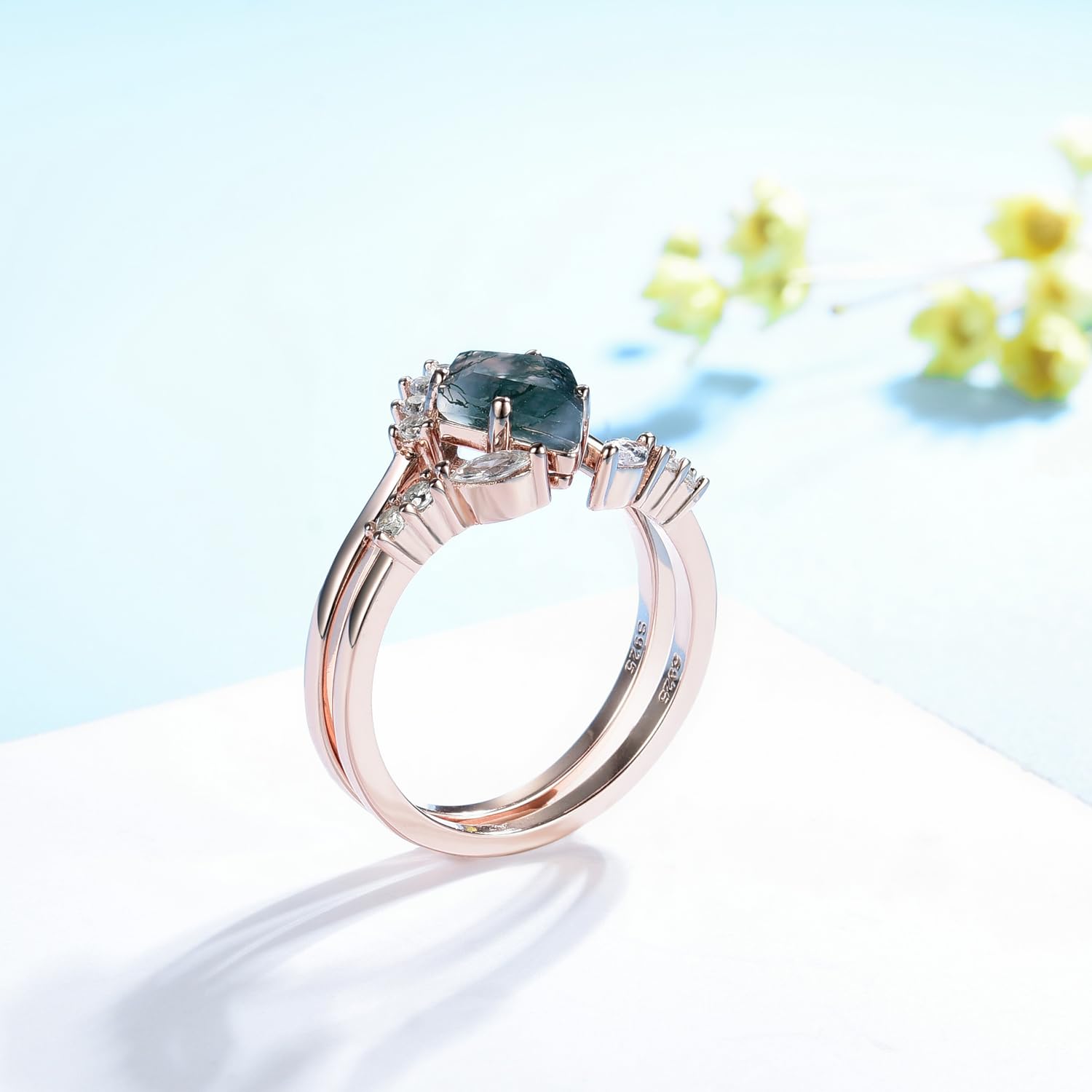 Natural Moss Agate Gemstone 925 Sterling Silver Ring for Women | Kite Cut Engagement Ring Set | Wedding, Anniversary & Everyday Jewelry Gift