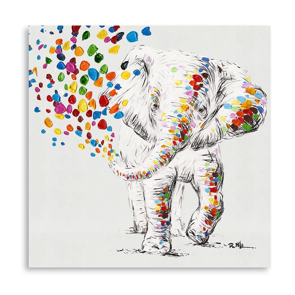 Cute Happy Elephant Canvas Wall Art - Water Spraying Elephant Print for Kids Room & Bathroom Decor - Framed Ready to Hang Poster (20
