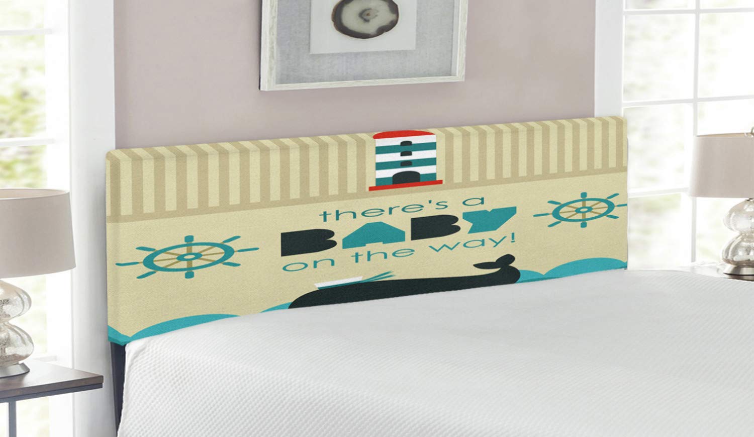 Ambesonne Baby Reveal Party Headboard - 'Little One on The Way' Nautical Theme with Dolphin & Ship Wheel Design - Upholstered Metal Bed Frame with Memory Foam - Queen Size Dark Blue Khaki Teal - Perfect for Nursery Decor & Gender Reveal Parties